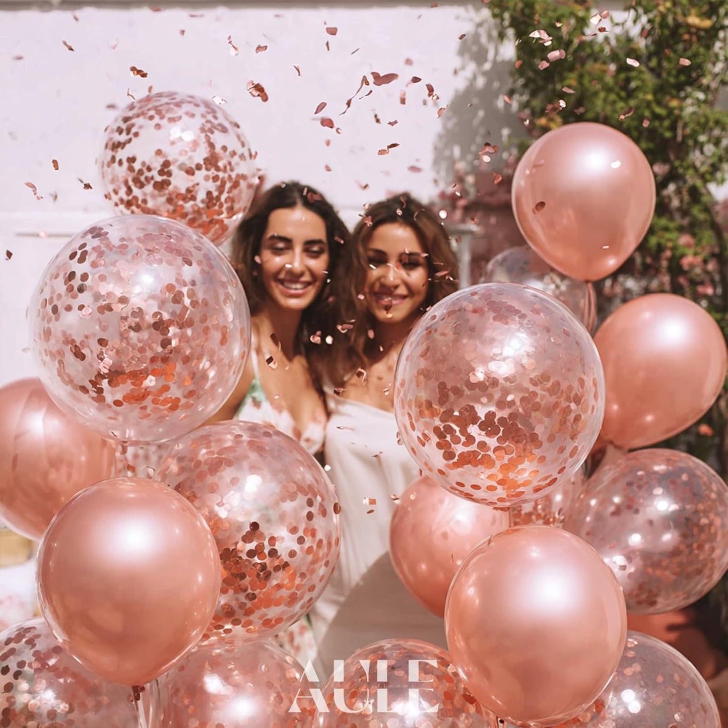 AULE Party Balloons Pack of 42 - Metallic Chrome Rose Gold Balloons and Rose Gold Confetti Latex Helium Balloons With 64ft Ribbons - 12 Inch Balloon Decoration Kit