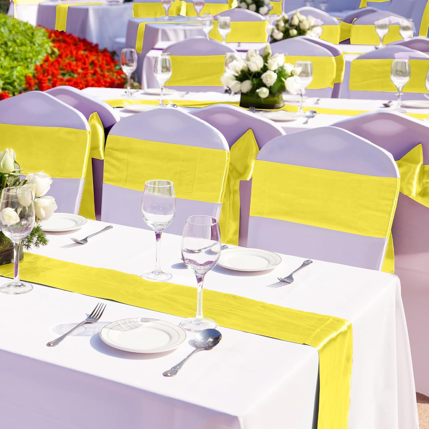 Aneco 12 Pack Satin Table Runner 12 x 108 Inch Yellow Long Wedding Satin Silk Table Runner for Wedding Banquet Graduations Birthday Party Decoration