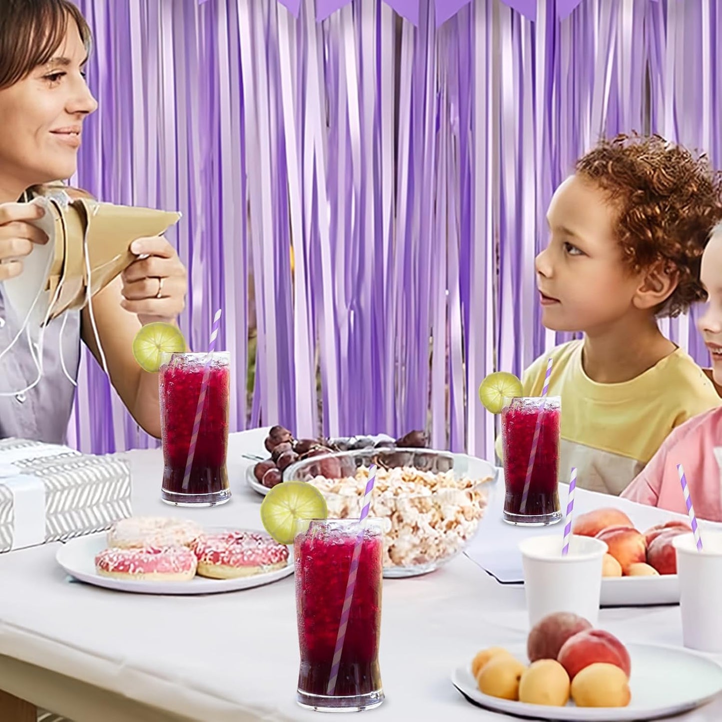 Disposable Purple Striped Party Paper Drinking Straws 100 Counts 7.75'' x 0.24'', Unwrapped, for Cocktail, Coffee, Water