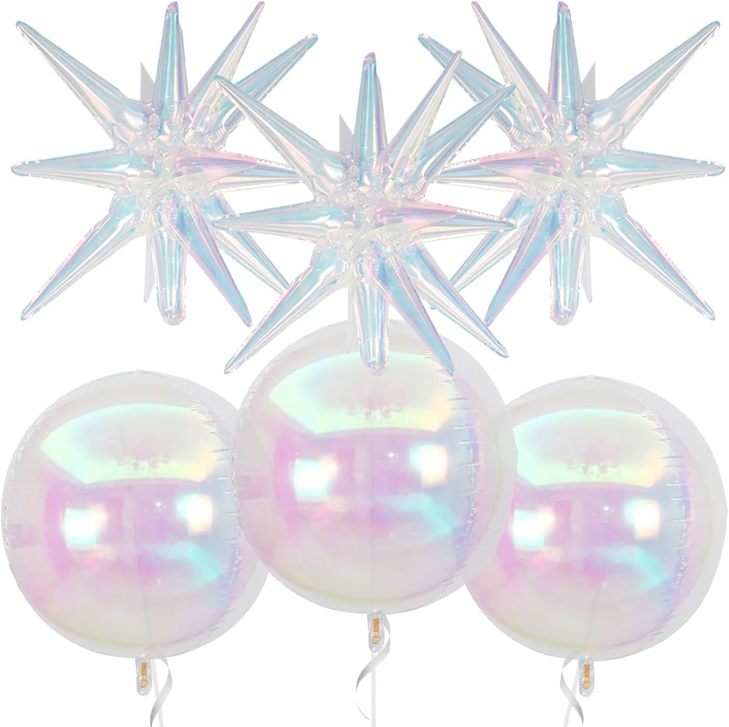 6Pcs Iridescent Foil Balloons,22Inch Clear 4D Round Ball Balloon and Explosion Star Balloon for Birthday Wedding Baby Shower Prom Party Anniversary Decorations