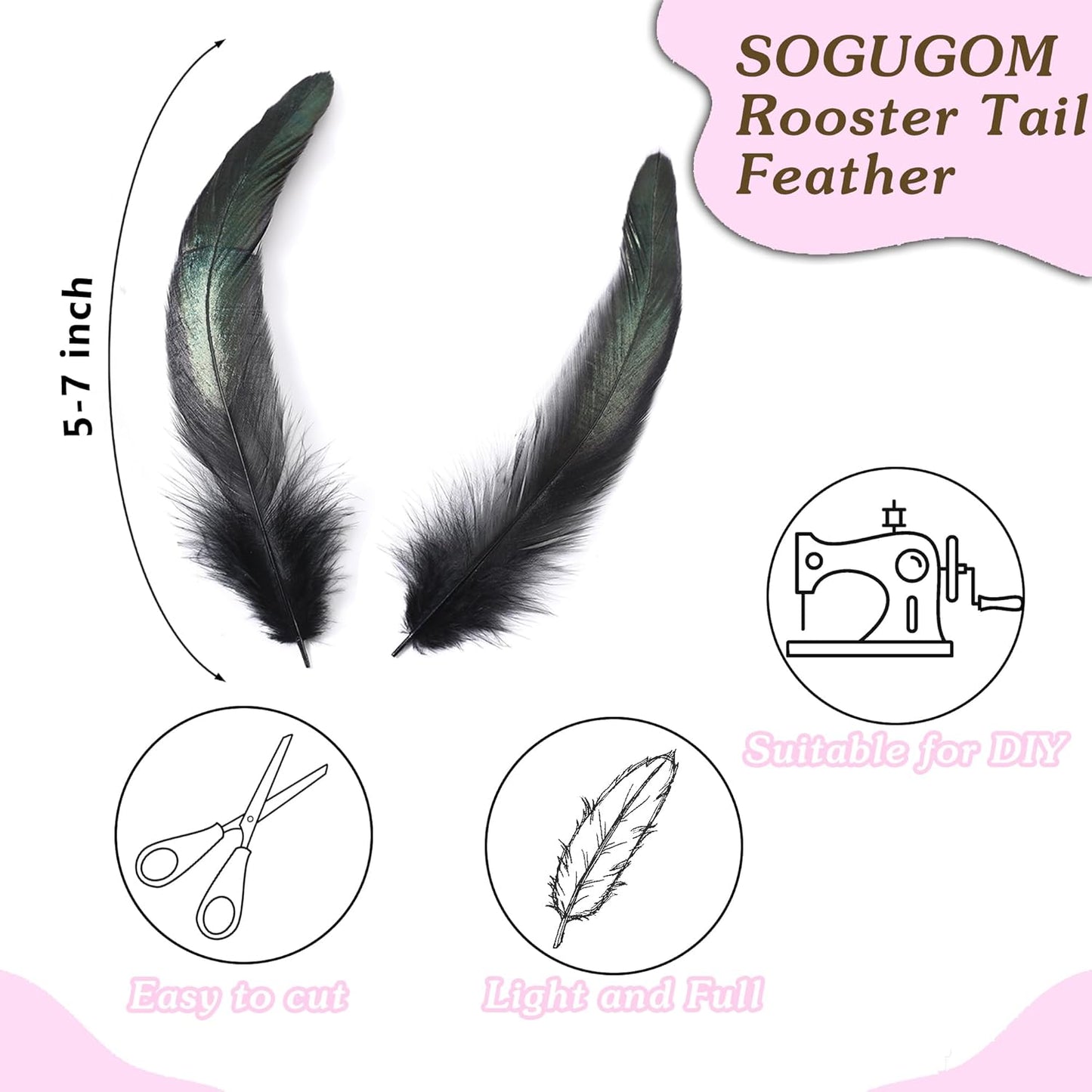 SOGUGOM Natural Rooster Tail Feathers - 200 pcs 5-7 inch Natural Small Feathers Bulk for Hats, Cocktail Table Centerpieces and Costume(Natural)
