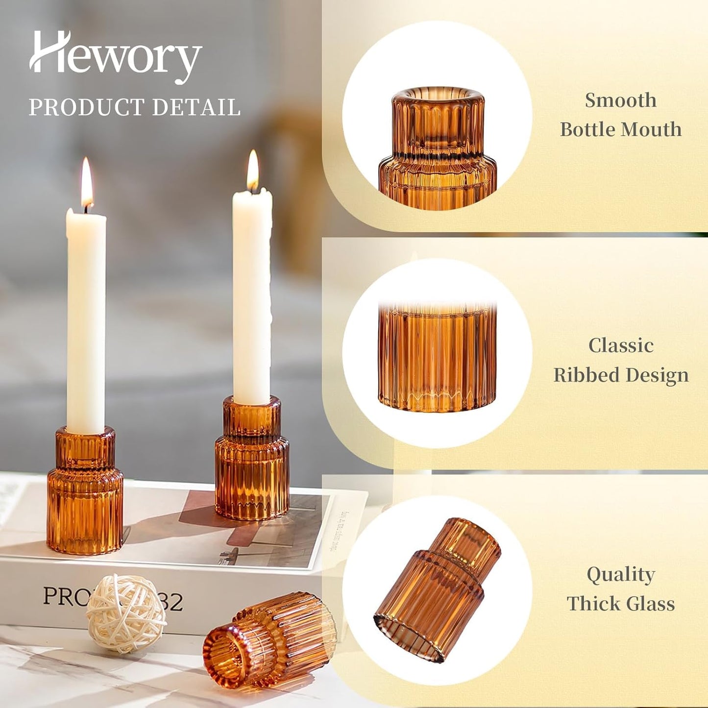 Hewory Glass Taper Candle Holders: 20 PCS Amber Elegant Candle Holder Candlestick Holders Bulk, Ribbed Glass Candle Holder Candle Sticks Holder Decor for Table Centerpiece Fall Thanksgiving Home Decor