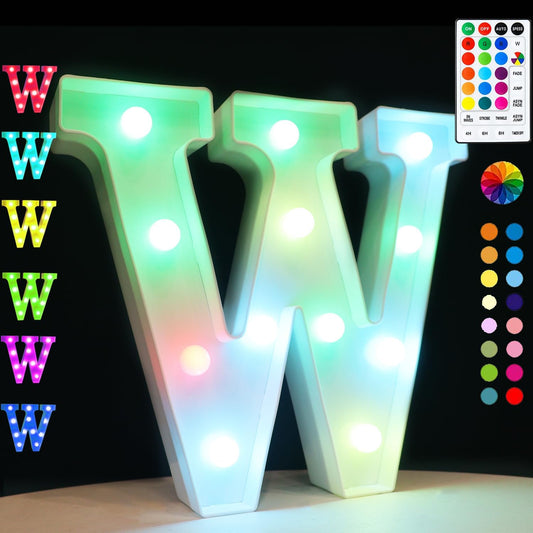 Light Up Colorful LED Marquee Letter lights, 18 Colors Changing Alphabet Letters Sign with Remote Timer for Night Light Girls Bedroom Wedding Birthday Party Lamp Christmas Home Bar Decor- Colorful W