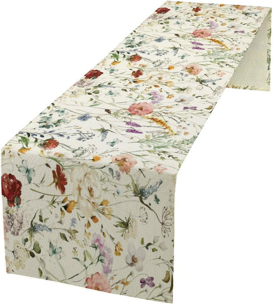 Floral Butterfly Table Runner,Rustic Colorful Flower Botanical Watercolor Pattern Print Burlap for Hotel Indoors Outdoor Dining Room Kitchen Holiday Party, 13x36in