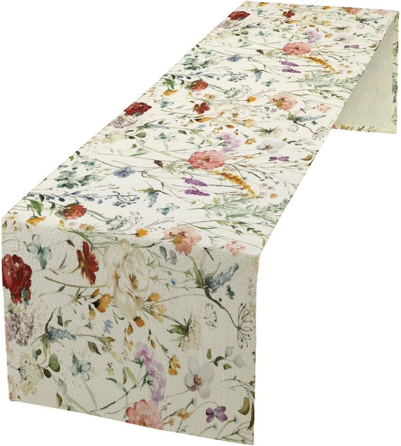 Floral Butterfly Table Runner,Rustic Colorful Flower Botanical Watercolor Pattern Print Burlap for Hotel Indoors Outdoor Dining Room Kitchen Holiday Party, 13x80in