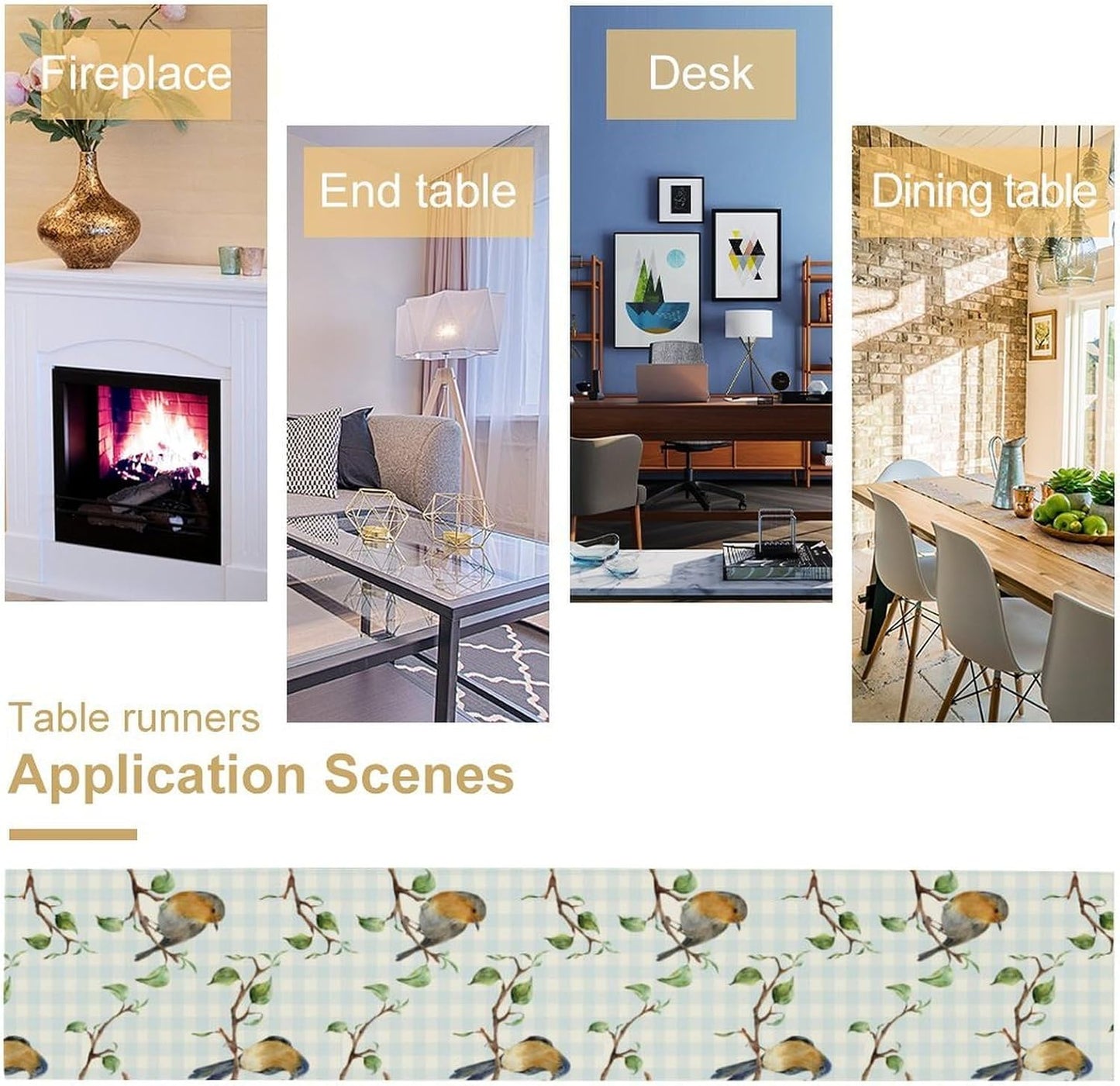 Bird Table Runner,Spring Birds Tree Blue Plaid Print Table Runner for Kitchen Dining Table Decoration Home Party Decor 13x70 Inch