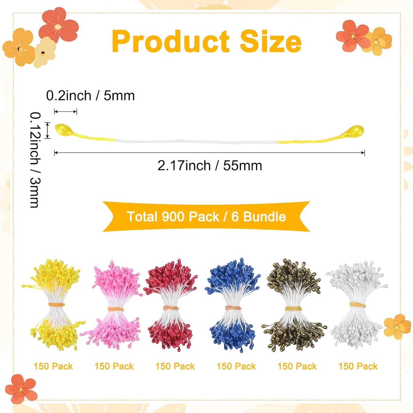 900-Pack Flower Stamens for Crafts, 5mm Double Heads Artificial Pearl Floral Pistil Mini Flower Pollens Stamens for DIY Making/Scrapbook Decoration [Dark Pink and 5 Colors]