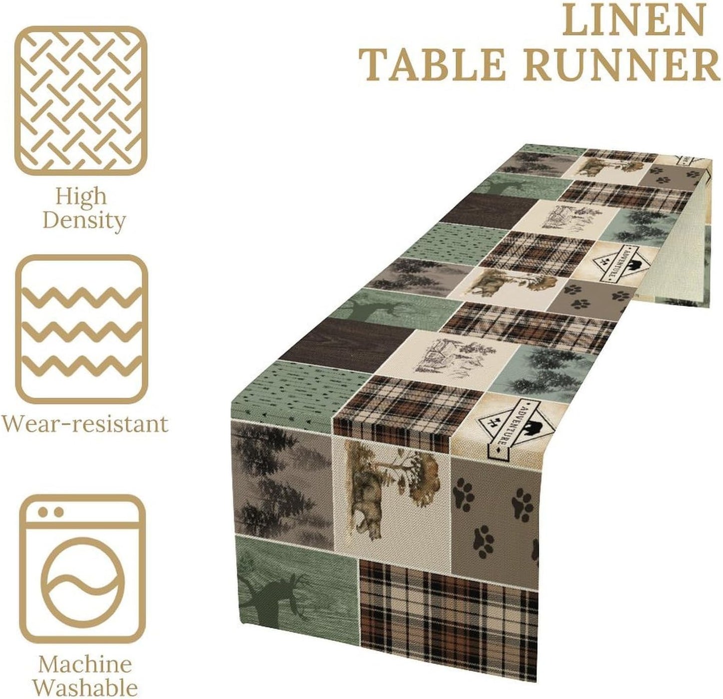 Bear Deer Table Runner,Rustic Lodge Retro Country Farmhouse Buffalo Plaid Print Tablecloth Burlap for Hotel Indoors Outdoor Dining Room Kitchen Home Decor,W13X L80 in