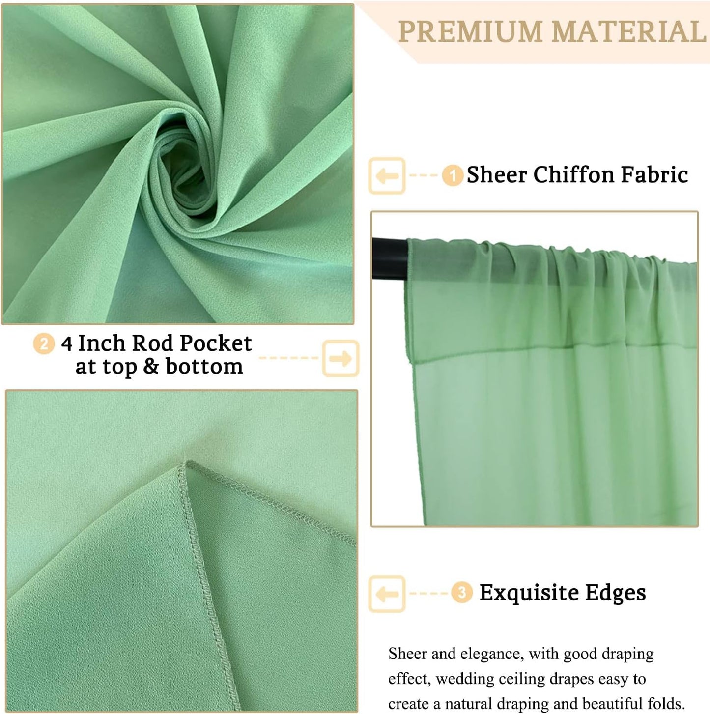 MODFUNS Ceiling Drapes for Weddings Sage Green Ceiling Draping Fabric 2 Panels 5x30ft Chiffon Wedding Arch Drapery Sheer Curtain Drapes Voile Ceiling Curtain for Wedding Party Ceiling Decor