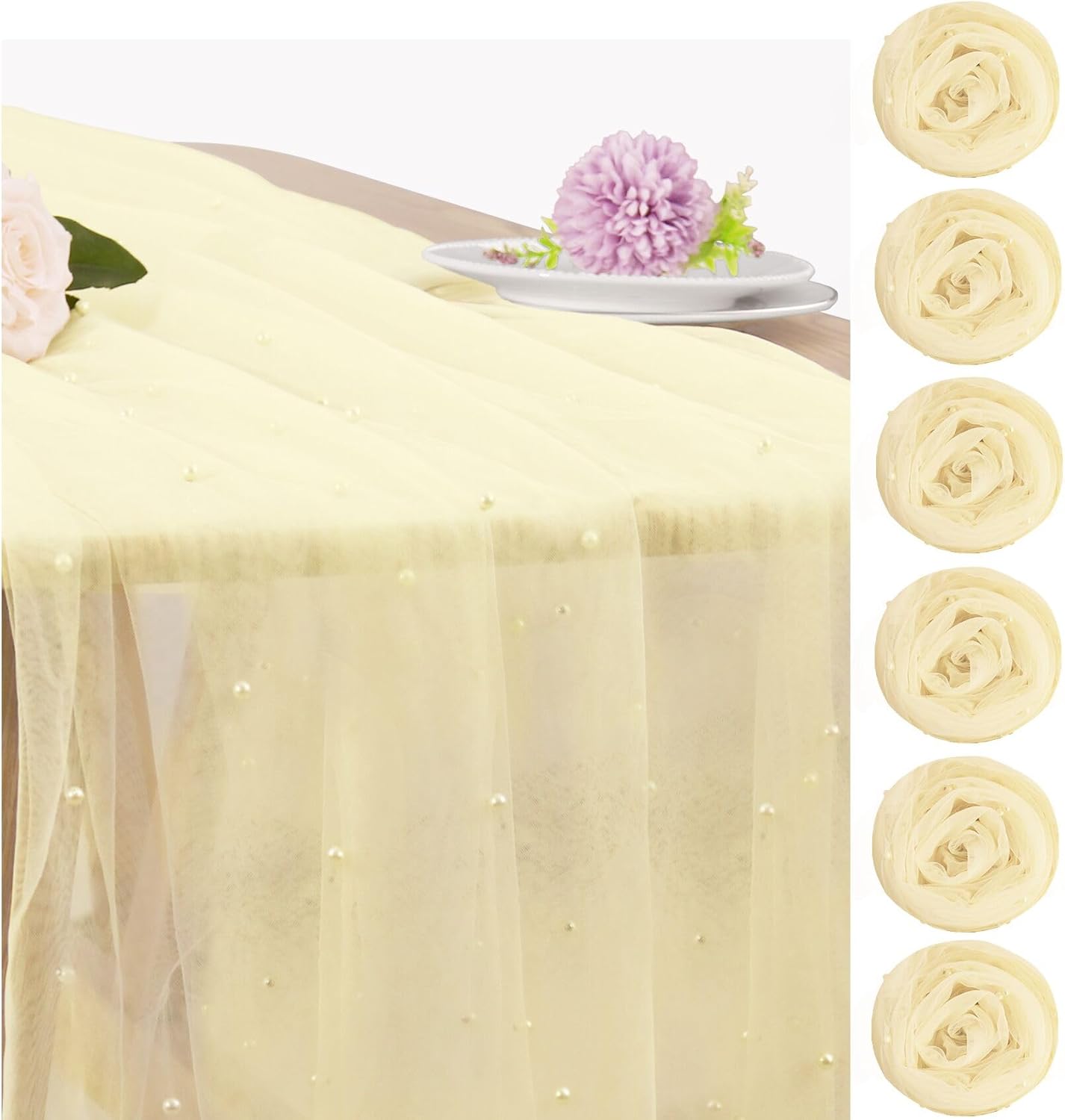 Set of 6 Pearl Table Runner 29 x 120 Inch Tulle Fabric Lace Table Runners Boho Rustic Tablecloth for Bridal Shower Birthday Party Wedding Arch Aisle Veil Dessert Table Decor(Ivory)