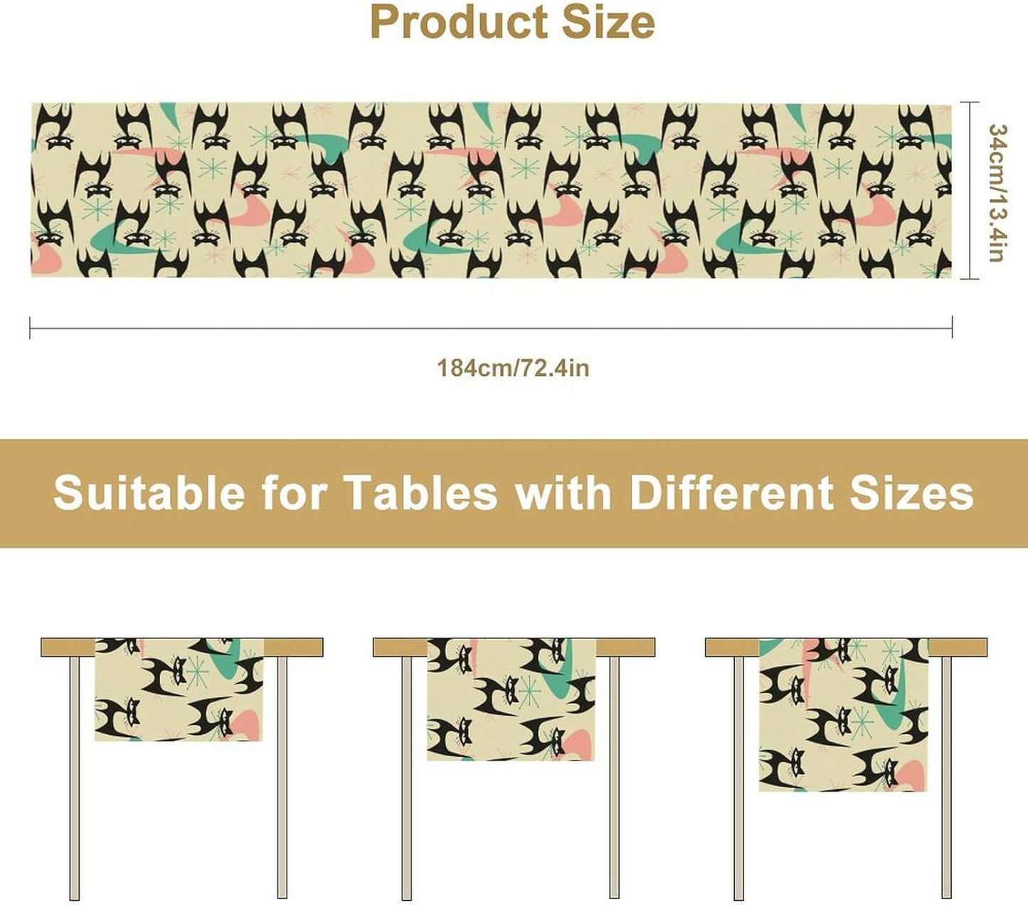 Mid Century Table Runner,Cat Geometric Stripe Colorful Abstract Pattern Print Tablecloth Burlap for Hotel Indoors Outdoor Dining Room Kitchen Holiday Party, 13x108in