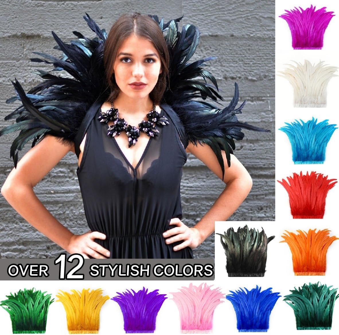 Holmgren Dark Green Rooster Feather Trim - 10-12inch 2 Yards Natural Large Rooster Tail Feathers Fringe Trim for DIY Sewing Crafts, Feather Cape Shawl, Wings, Party Costumes Decoration (Dark Green)