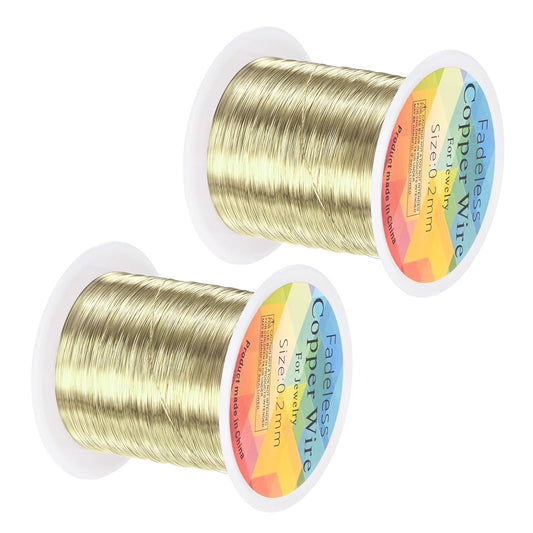 2-Rolls 0.2mm Jewelry Wire, 32 Gauge 328FT Craft Wire Copper Beading Wire for Jewelry Making/Planting/Weaving/DIY Crafting, Soft Metal Wires [100M, Light Golden]