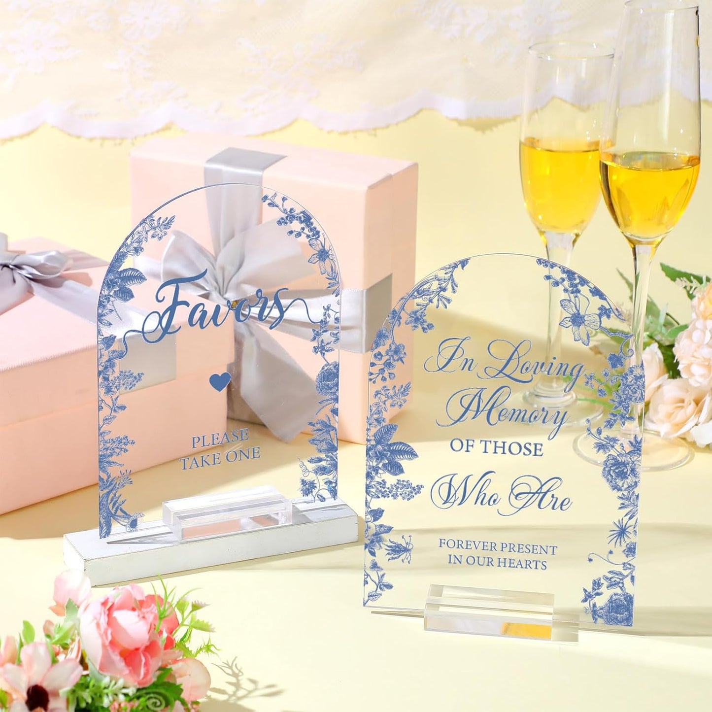 4 Pcs Flower Acrylic Wedding Signs for Ceremony and Reception Guest Book Wedding Cards and Gifts Sign Please Take One Couple Loving Memory table Decor(Blue Flower)