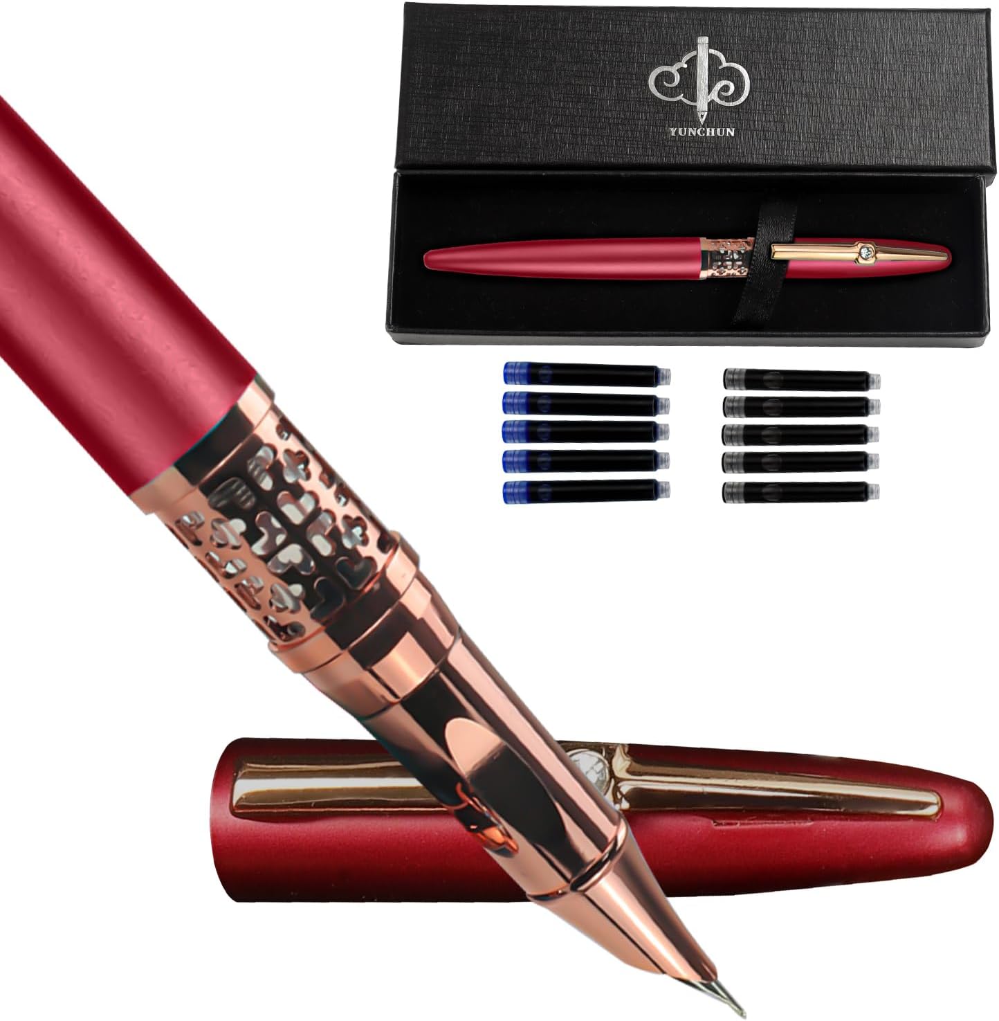YUNCHUN Refillable Fountain Pen Fine Nib, Fancy Ink Pen with 5 Black & 5 Blue Ink Refills Cartridges, Cool Ink Pens for Writing, Business Metal, Best Gift Set for Men & Women, Red