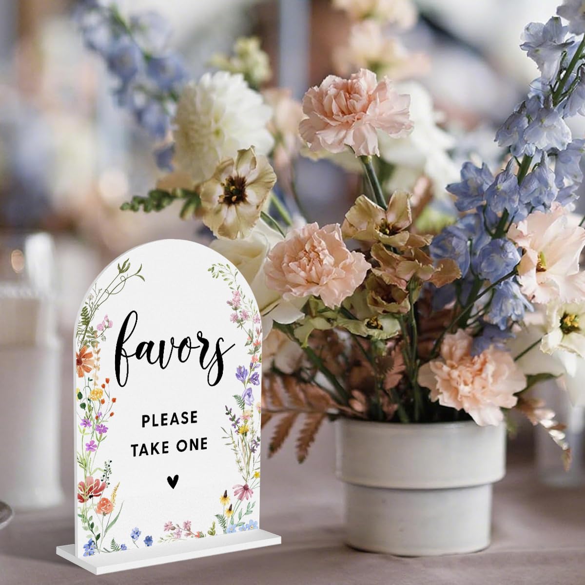Acrylic Wedding Signs, Favors Please Take One Signs for Marriage Reception, Bridal Shower Decorations, Modern Arched Round Top Acrylic Table Top Sign with Holder for Wedding Party (White Wildflowers)