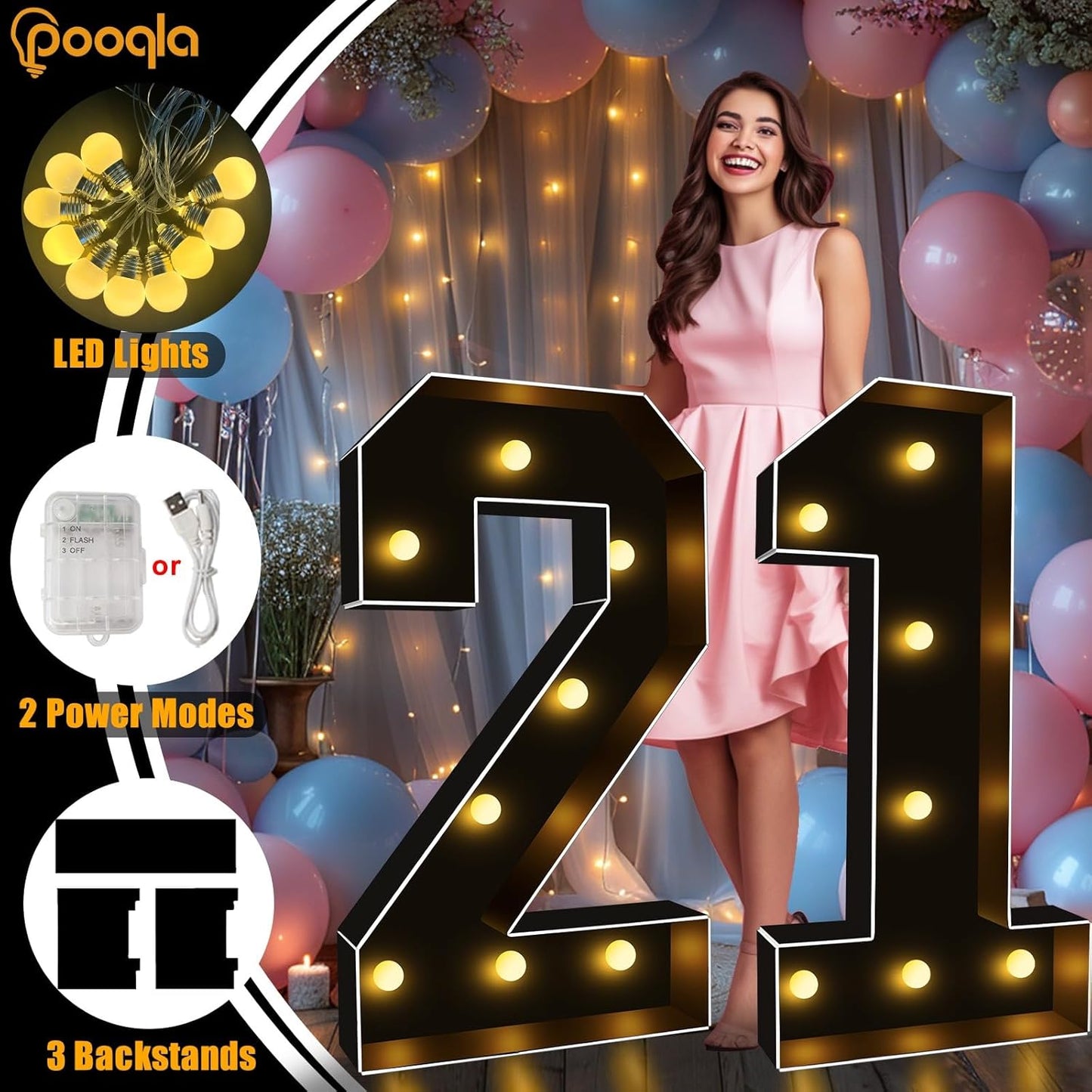 Pooqla 3FT Marquee Light Up Numbers, Black Lighted Party Decor for her him Women Men, Giant Mosaic Light Up Numbers for 8th 18th 80th Birthday Anniversary Decoration, Number 8