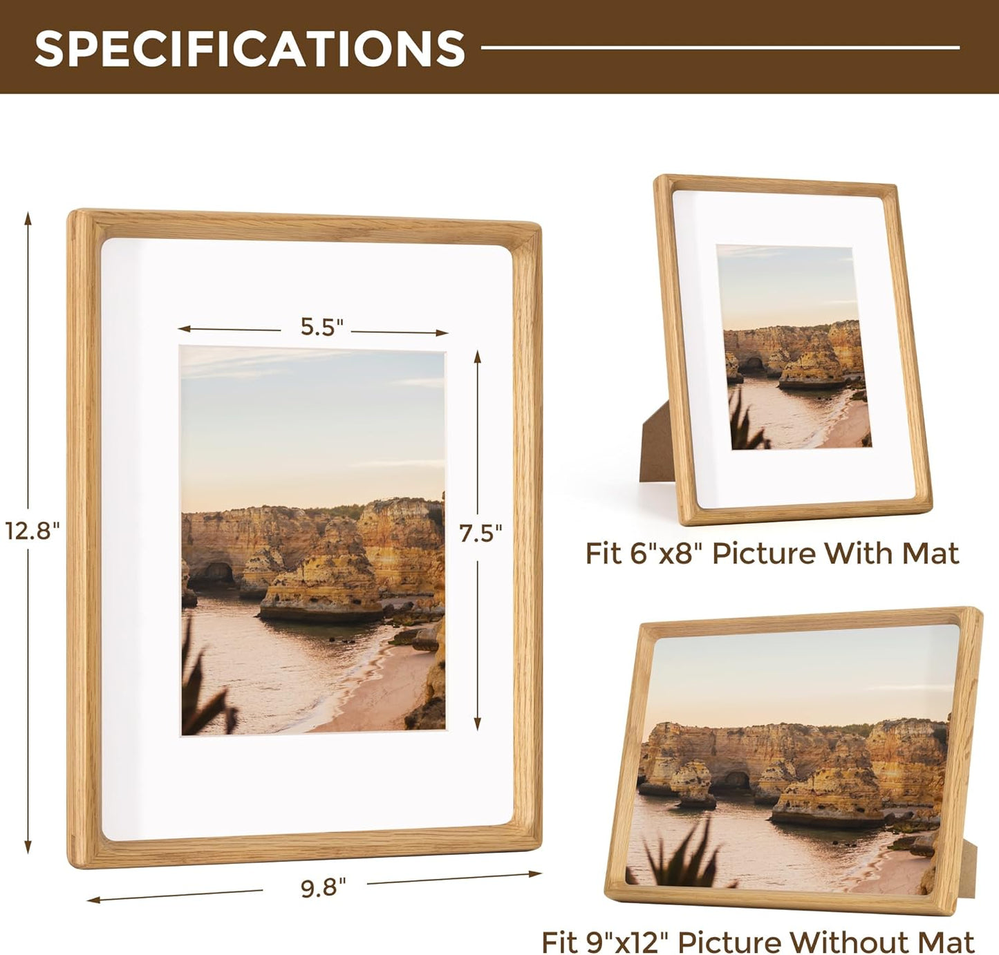 9x12 Picture Frame USA-Sourced Natural White Oak Solid Wood Photo Frame Handcrafted Rounded Corner with Mat to 6x8 Picture Display with Real Glass Family Picture, Certificate