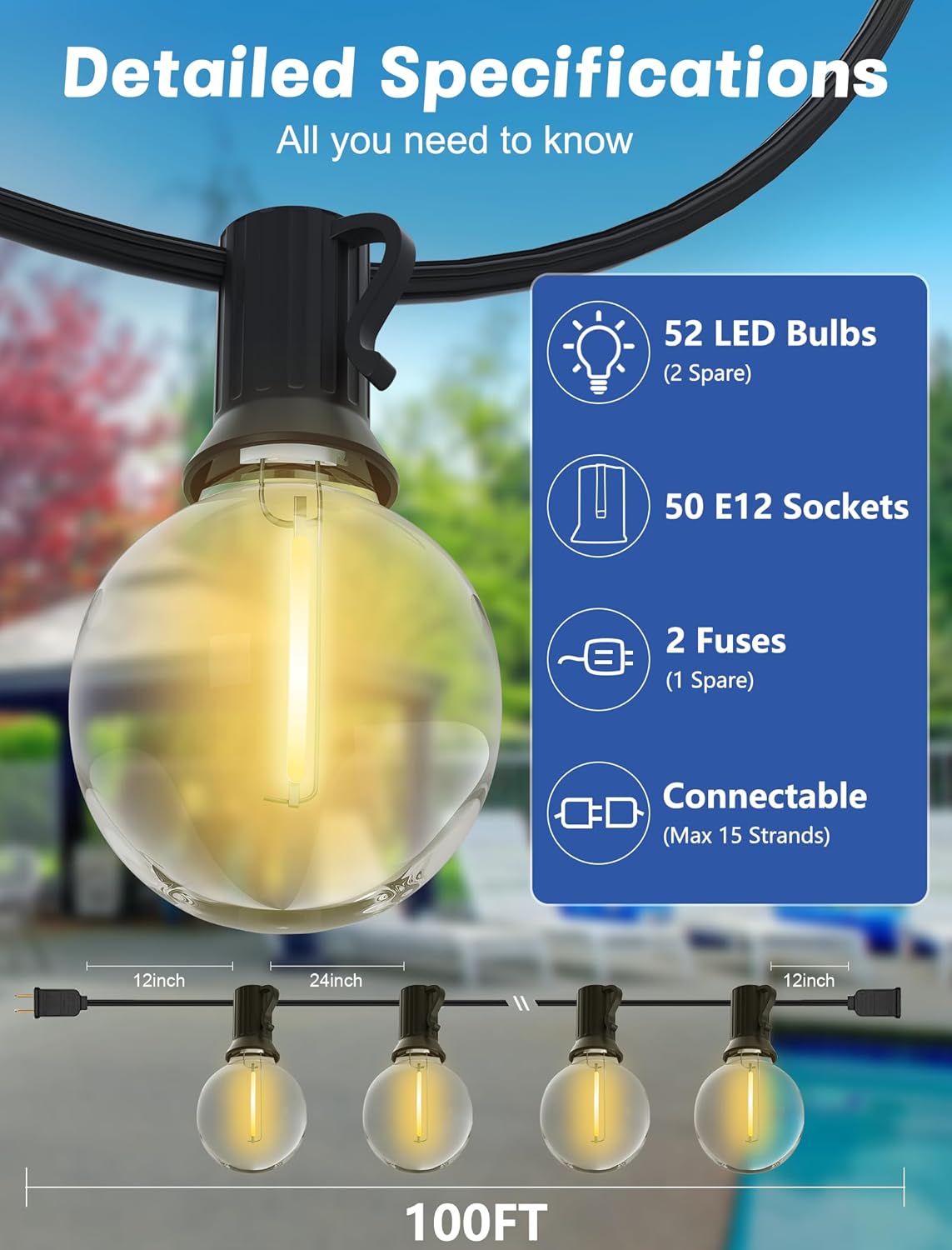 SUNSGNE 100Ft LED Outdoor String Lights - G40 Globe String Lights Waterproof Shatterproof with 52 Dimmable LED Bulbs for Room Party Bistro Pergola Tents, Black Wire