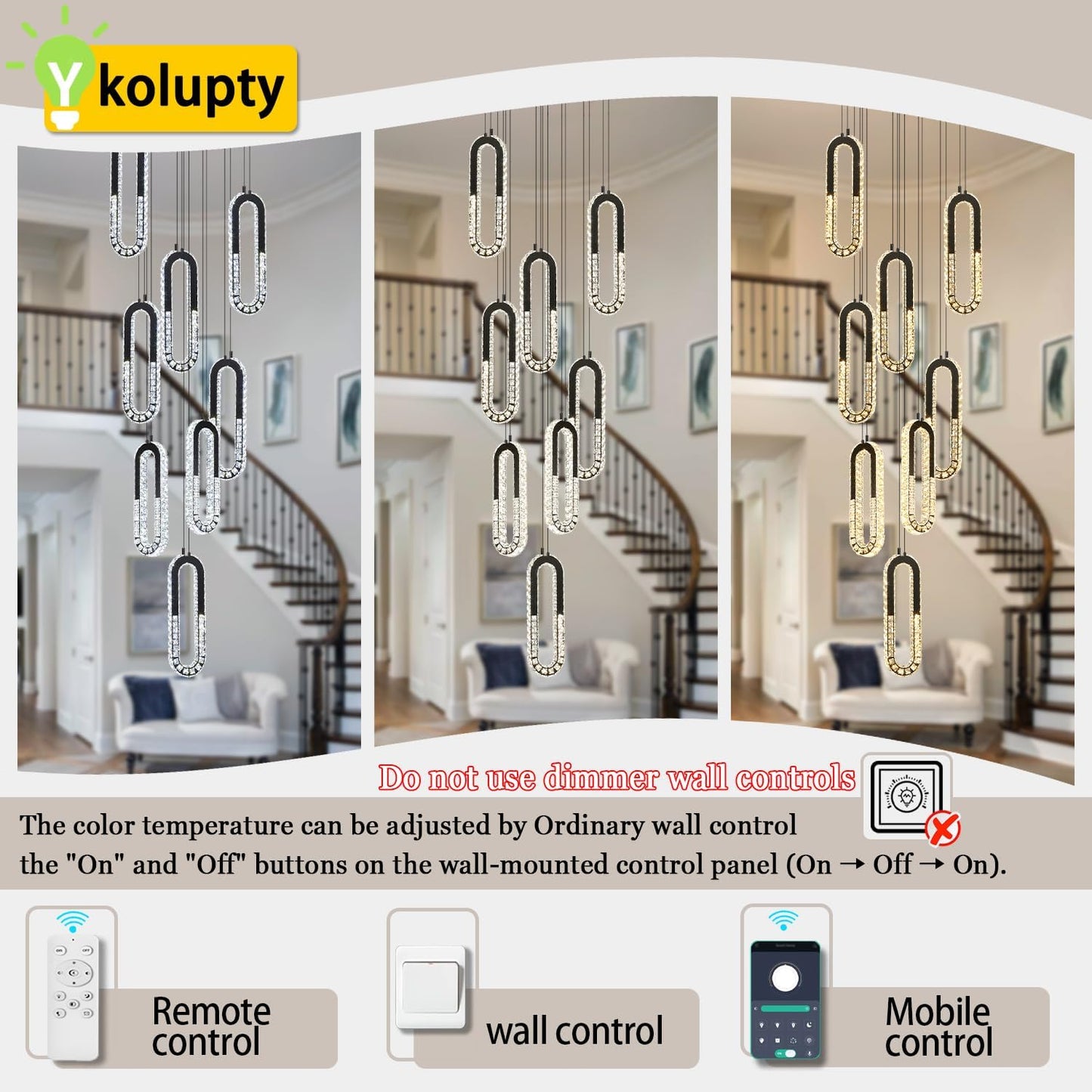 8 Rings Crystal Chandelier,H 118" Modern Black Pendant Light Luxury Foyer Lighting Fixture High Ceiling Chandelier for Entryway,Staircase,Living Room,Villa LED Dimmable 2700K-6000K