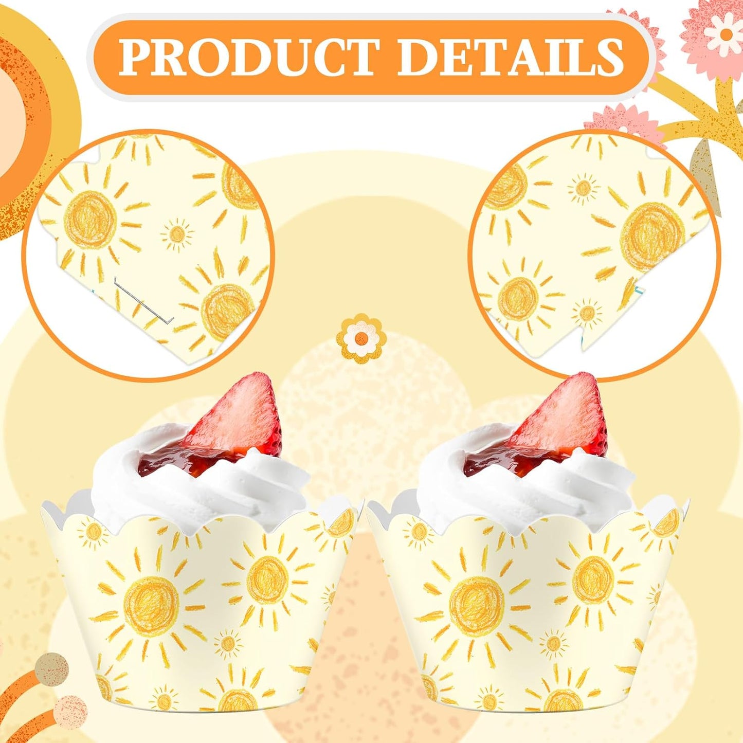 Domensi 100 Pcs Bohemian Sun Cupcake Wrappers Rustic Yellow Sunshine Cupcake Liners Baking Cups Baking Liners for Summer Picnic Wedding Bridal Baby Shower Birthday Party Supplies Dessert Decoration