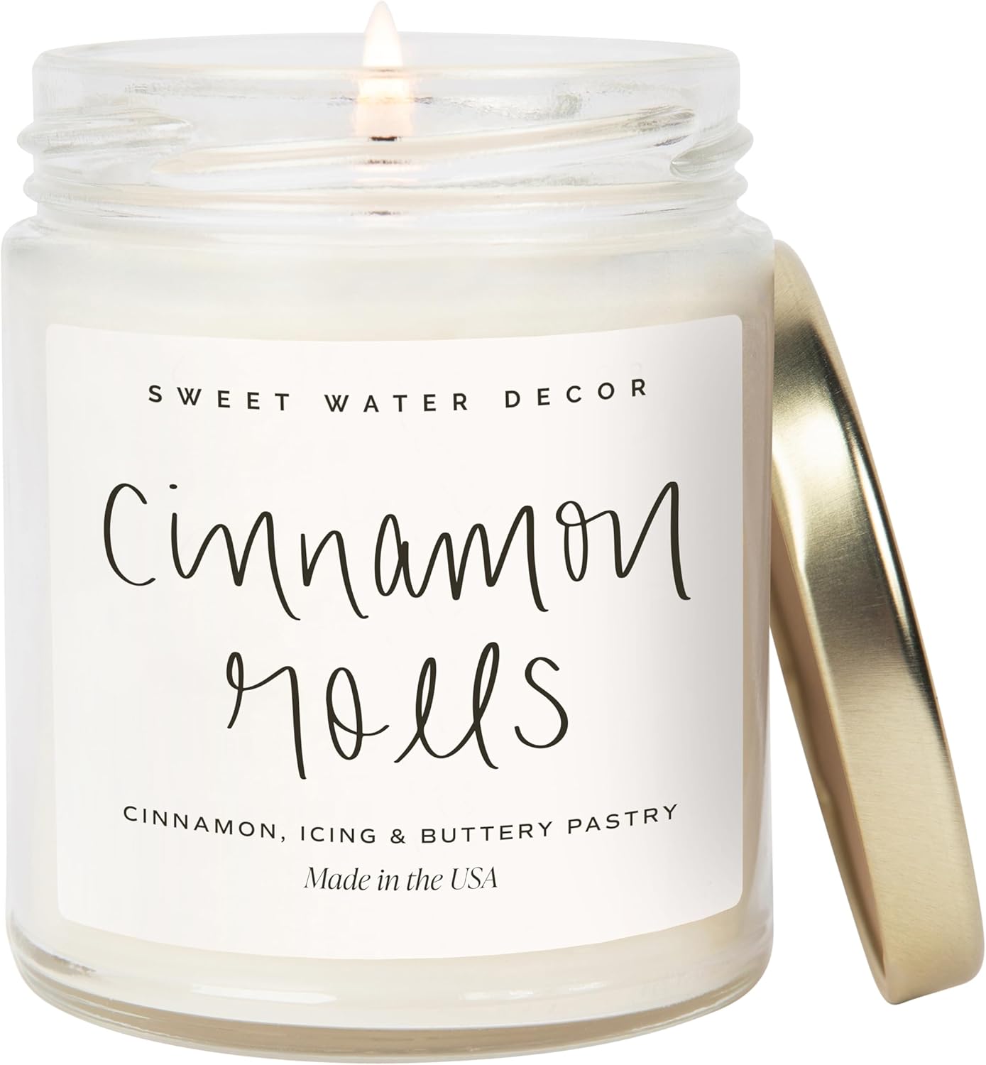 Sweet Water Decor Cinnamon Roll Candle - Fall Scented with Cinnamon, Icing and Buttery Pastry for Home - Soy Candle with 40 Hours Burn Time - 9Oz Gold Lid Clear Jar Autumn Scents