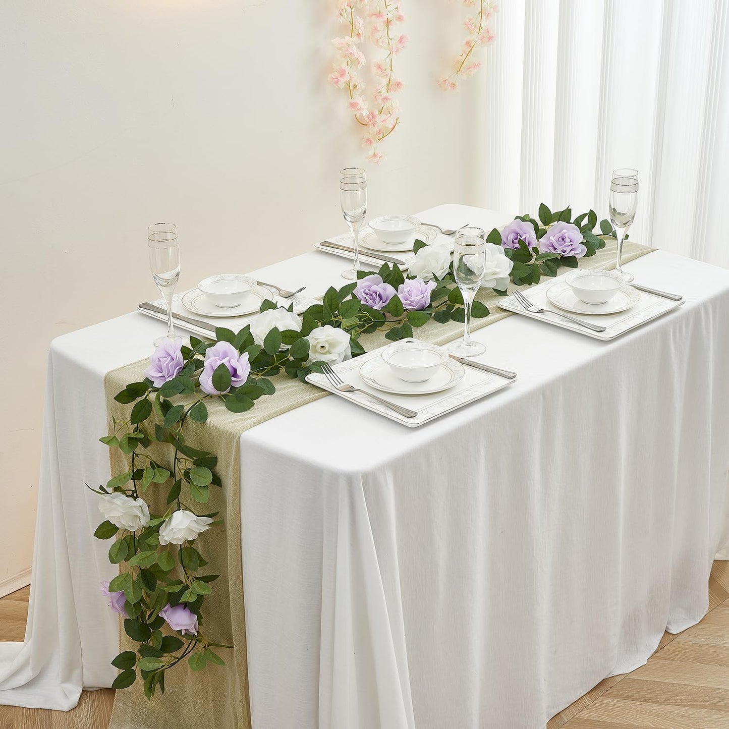 Lavender Artificial Rose Garlands Rose Vines Leaves Banners Hanging Floral Garland Fake Rose Flower Vine for Wedding Arch Ceremony Home Garden Outdoor Party Wall Decorations