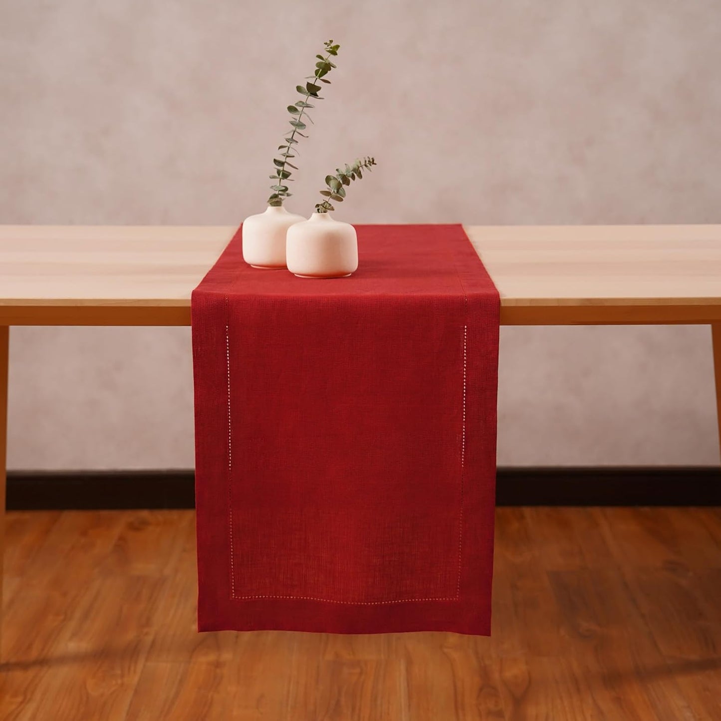 100% Pure Linen Red Table Runner 14 x 36 Inch - Small Hemstitch Christmas Table Runner - Cloth Fabric Runner for Thanksgiving, Winter, New Year - Elara