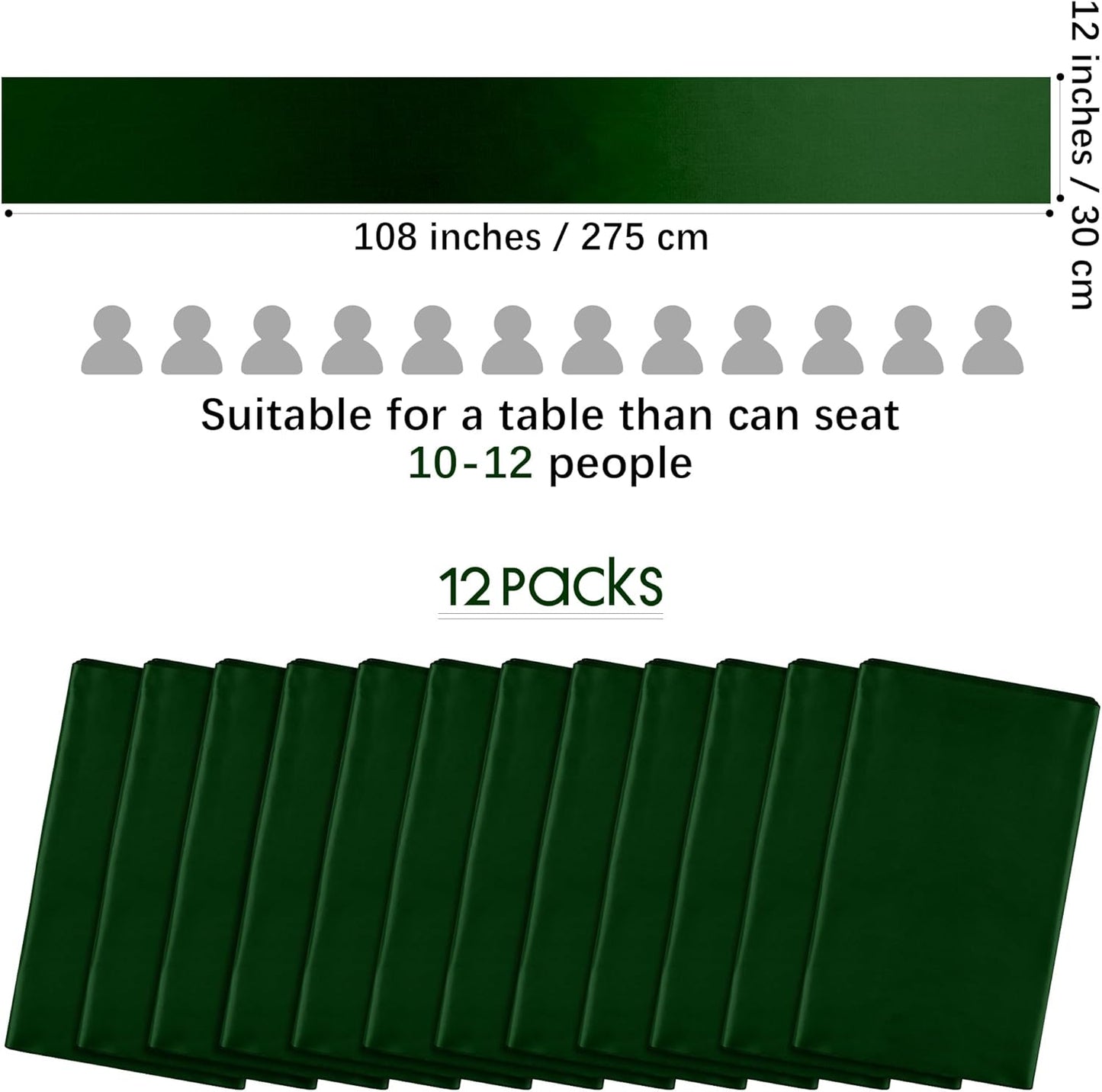 Aneco 12 Pack Satin Table Runner 12 x 108 Inch Forest Green Long Wedding Satin Silk Table Runner for Wedding Banquet Graduations Birthday Party Decoration