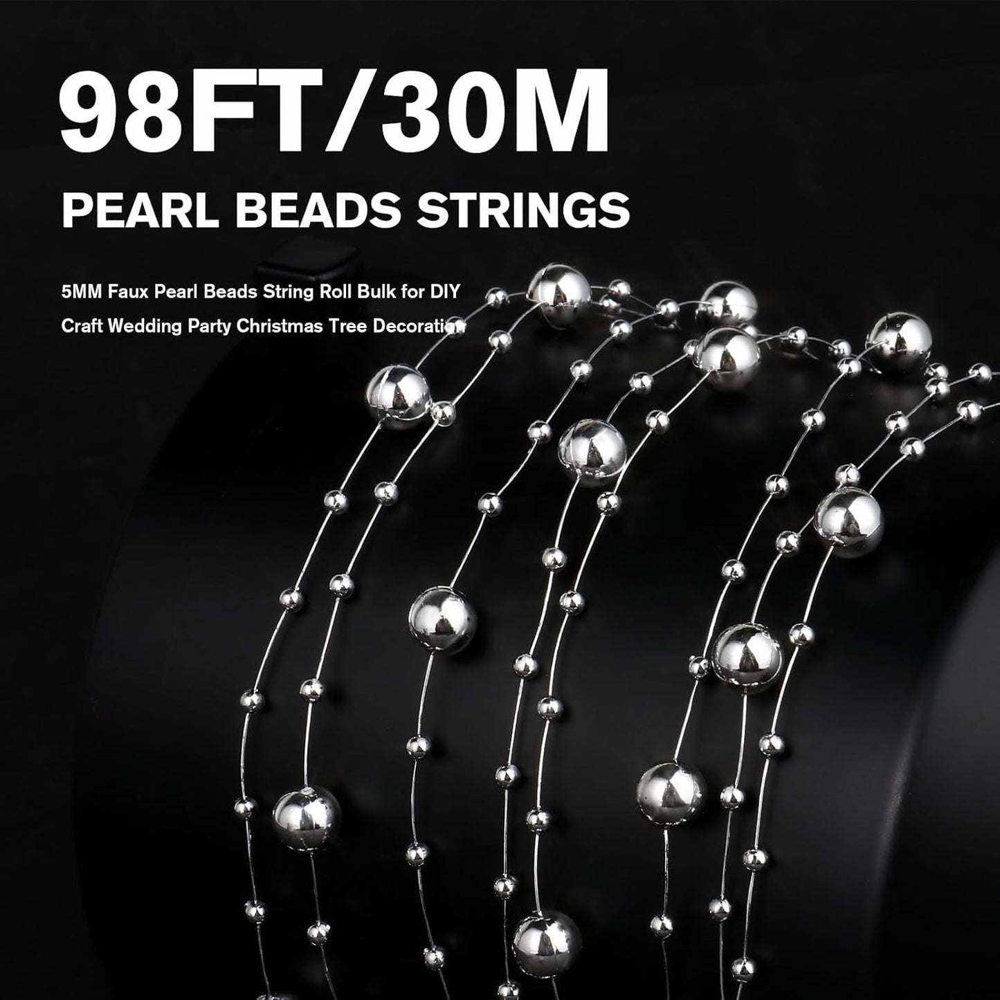 98FT Pearl Beads String Garland, 8mm 3mm Silver Faux Pearl Beads Roll Strand Bulk for Wedding Party Flower Christmas Decoration DIY Craft