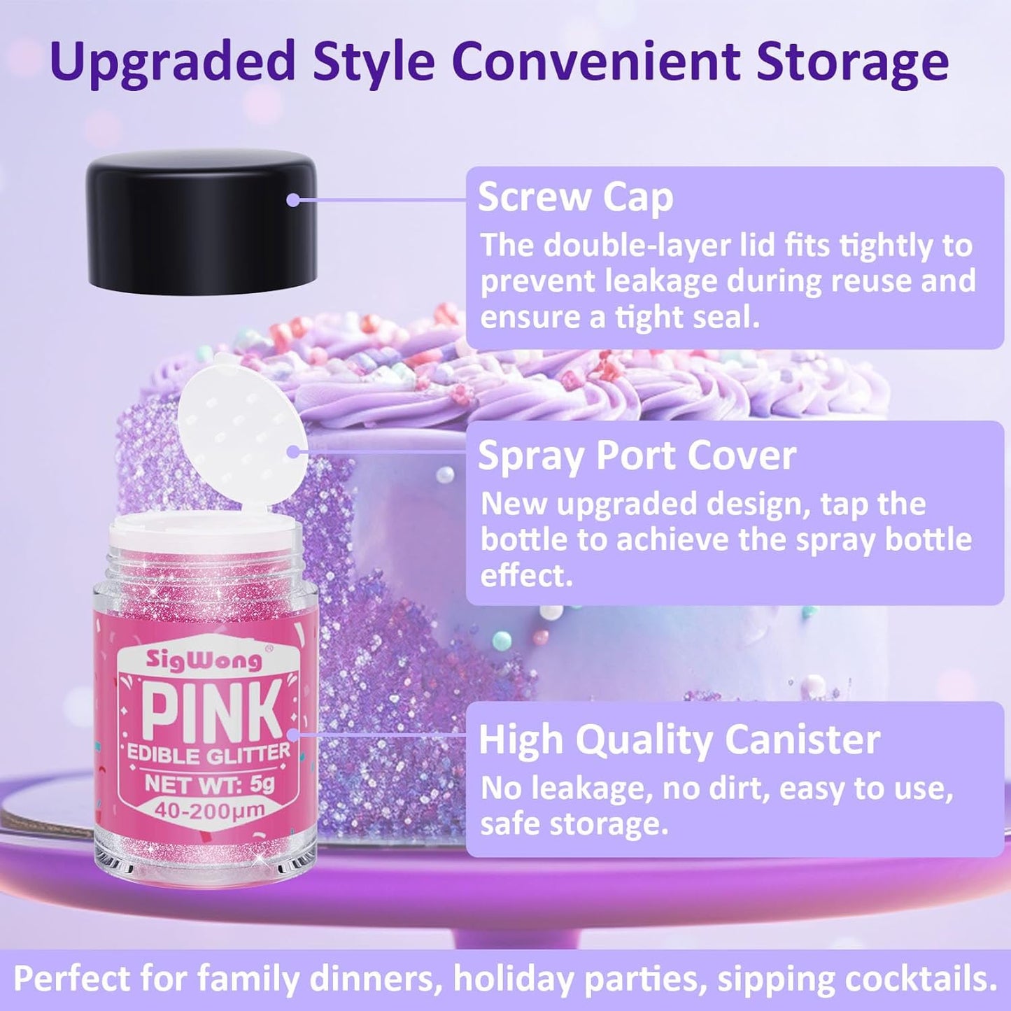 Edible Glitter - 8 Colors Luster Dust Edible Set for Drinks, Food Grade Edible Glitter Dust for Cake Decorating, Cocktail, Fondant, Strawberries, Candy, Cookie, Chocolate. Vegan and Gluten Free - 5g/bottle