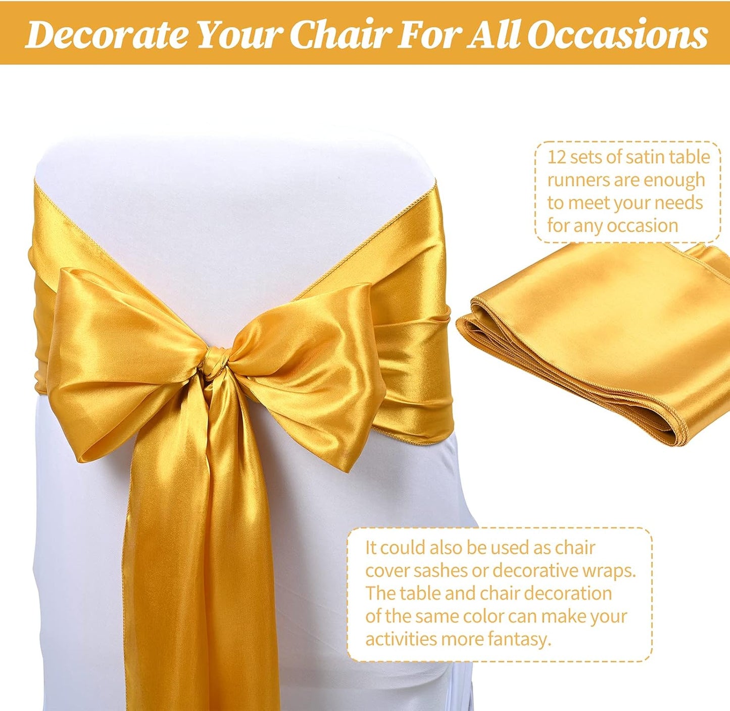 12 Pack Gold Satin Table Runner,12 x 108 inch Long Premium Smooth Table Runner for Wedding, Banquets, Birthday, Party, Graduation, Engagements, Table Runners fit Rectangle and Round Table