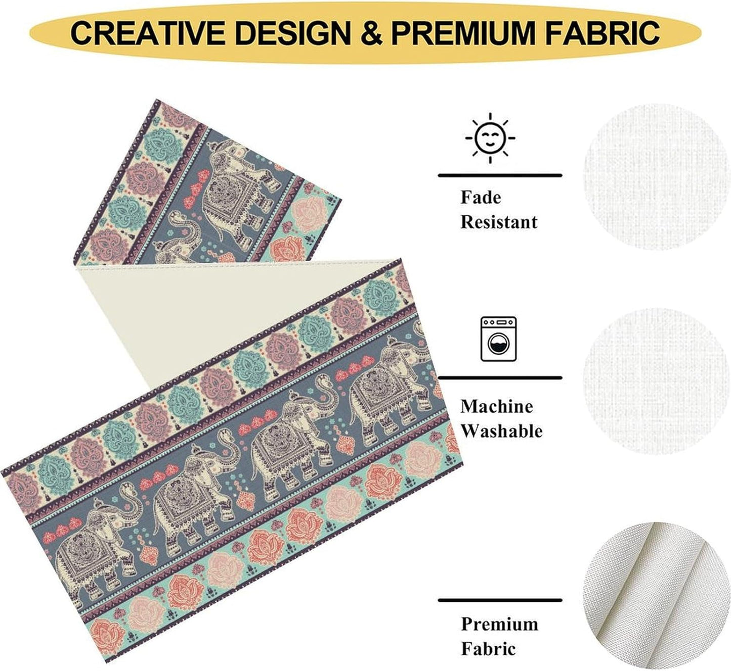 Boho Table Runner, Indian Bohemian Elephant Mandala Paisley Floral Hippie Art Print Table Center Decor for Home Kitchen Dining Patio Holiday Party Indoor Outdoor Table Decorations, 13"x108" Inch