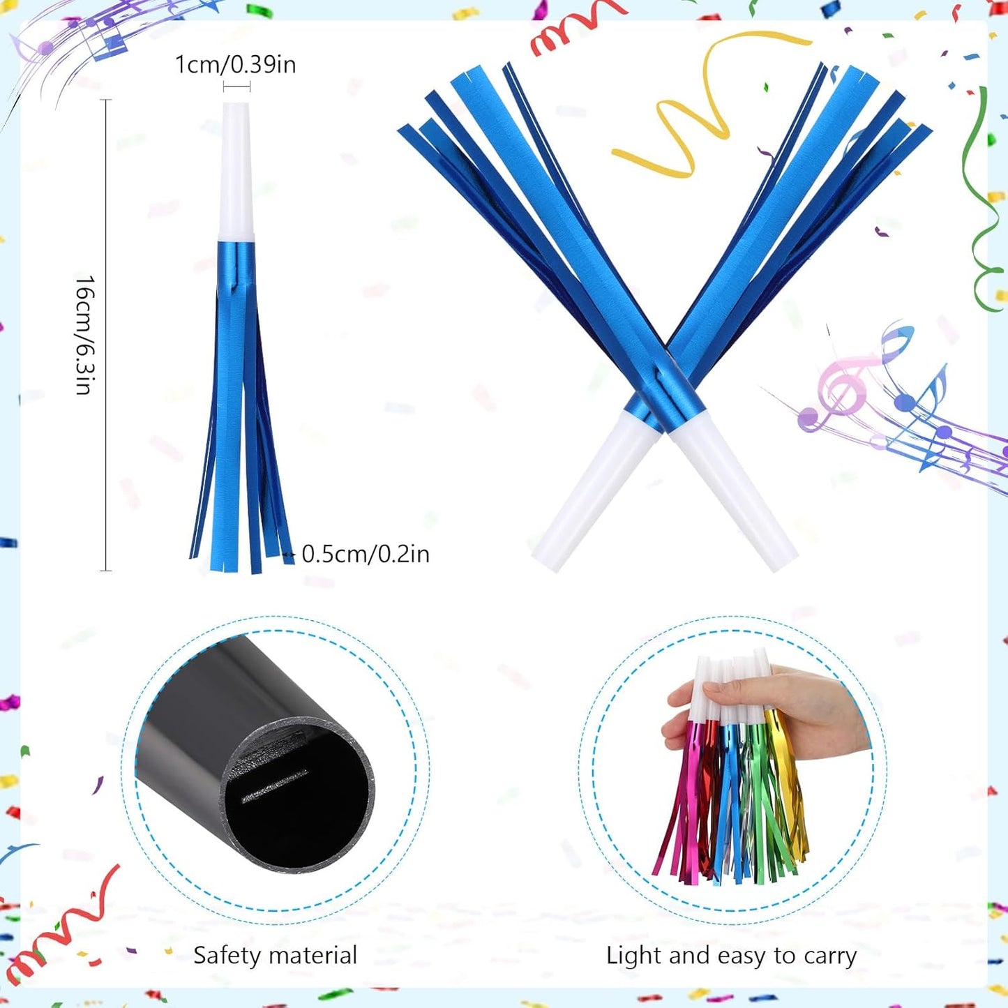 48 Pcs Noise Makers Glitter Metallic Fringed Noise Makers Horns for Baby Shower, Kids Birthday, New Year Party Favor - White Blue