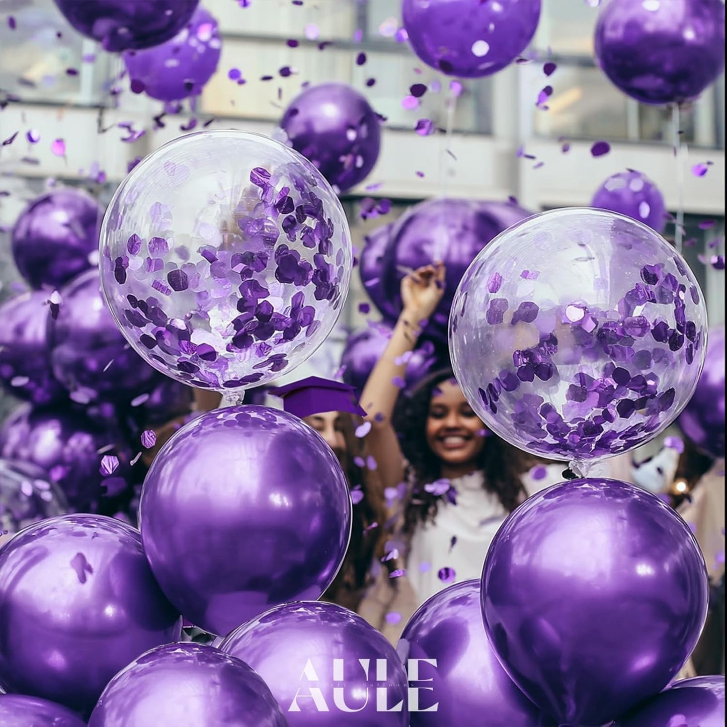 AULE Party Balloons Pack of 42 - Metallic Balloons & Confetti Balloons and 64ft Ribbons - 12 Inch Purple Balloons Decorations Set
