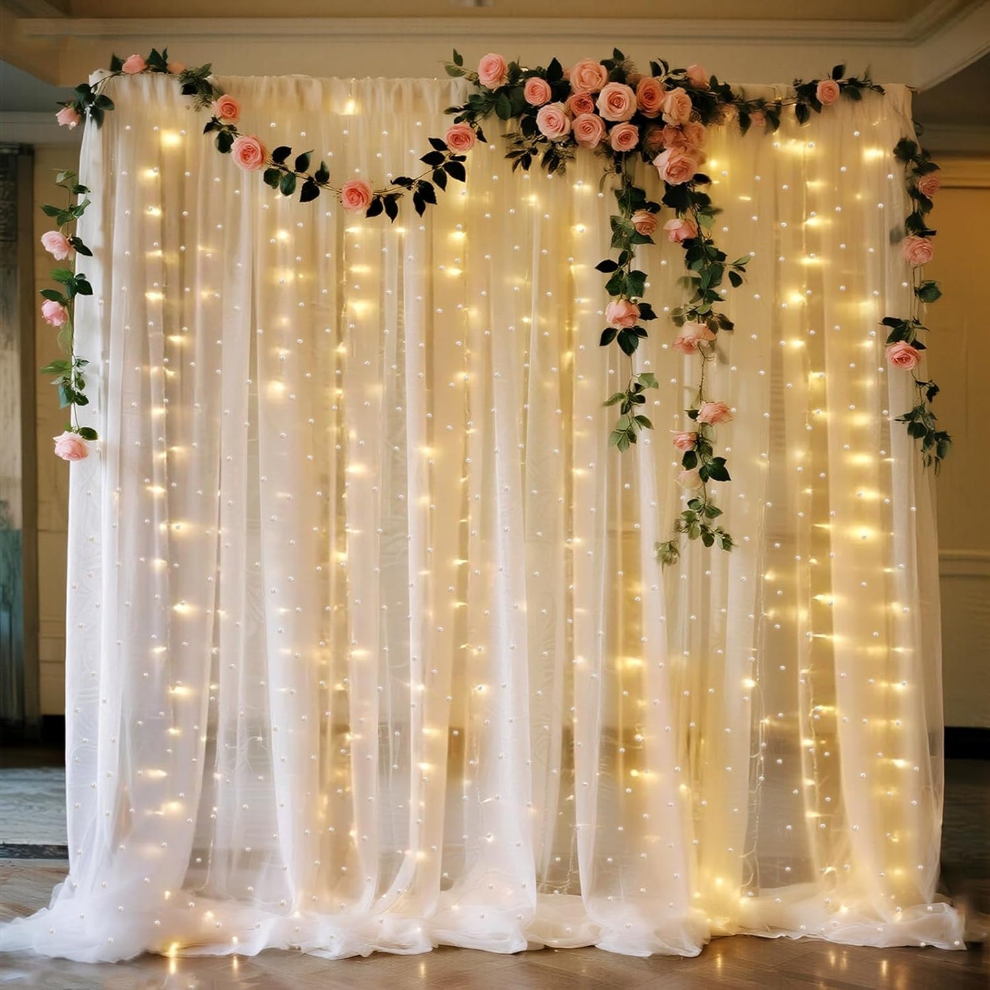 10 x 10 FT Pearl White Tulle Backdrop Curtain with Lights Strings,Wedding Background Curtain Baby Shower Birthday Parties Photo Decorations(2 Panels 5×10ft)