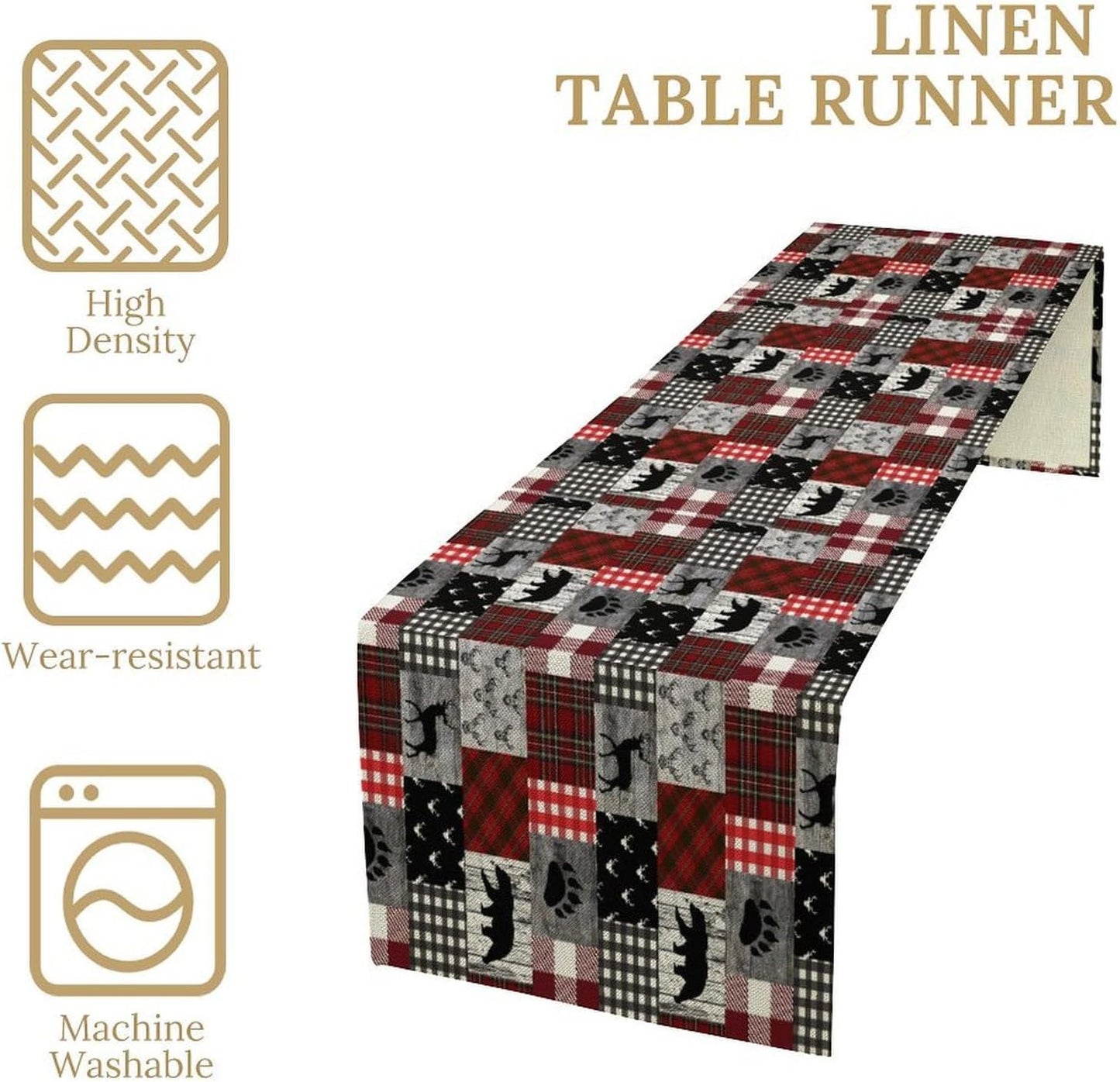 Rustic Farm Table Runner,Vintage Woodland Deer Bear Animal Buffalo Plaid Print Tablecloth Burlap for Hotel Indoors Outdoor Dining Room Kitchen Home Decor,W13X L70 in