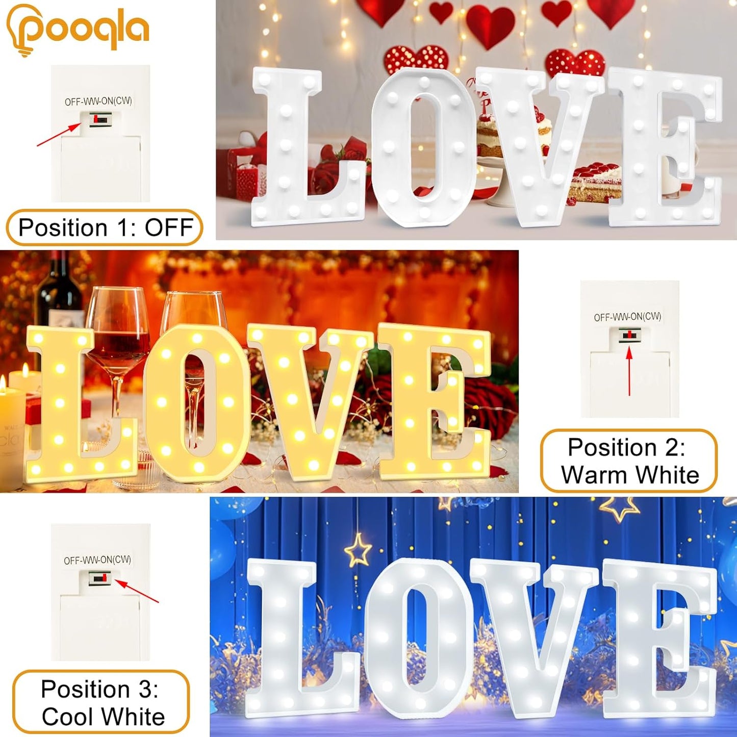 Pooqla LED Marquee Letter Lights, Warm White and Cool White Decorative Lighted Letters, Light Up Alphabet Letters for Boys Girls, Party, Wedding, Bar, Night Light, Birthday Decoration, Letter U