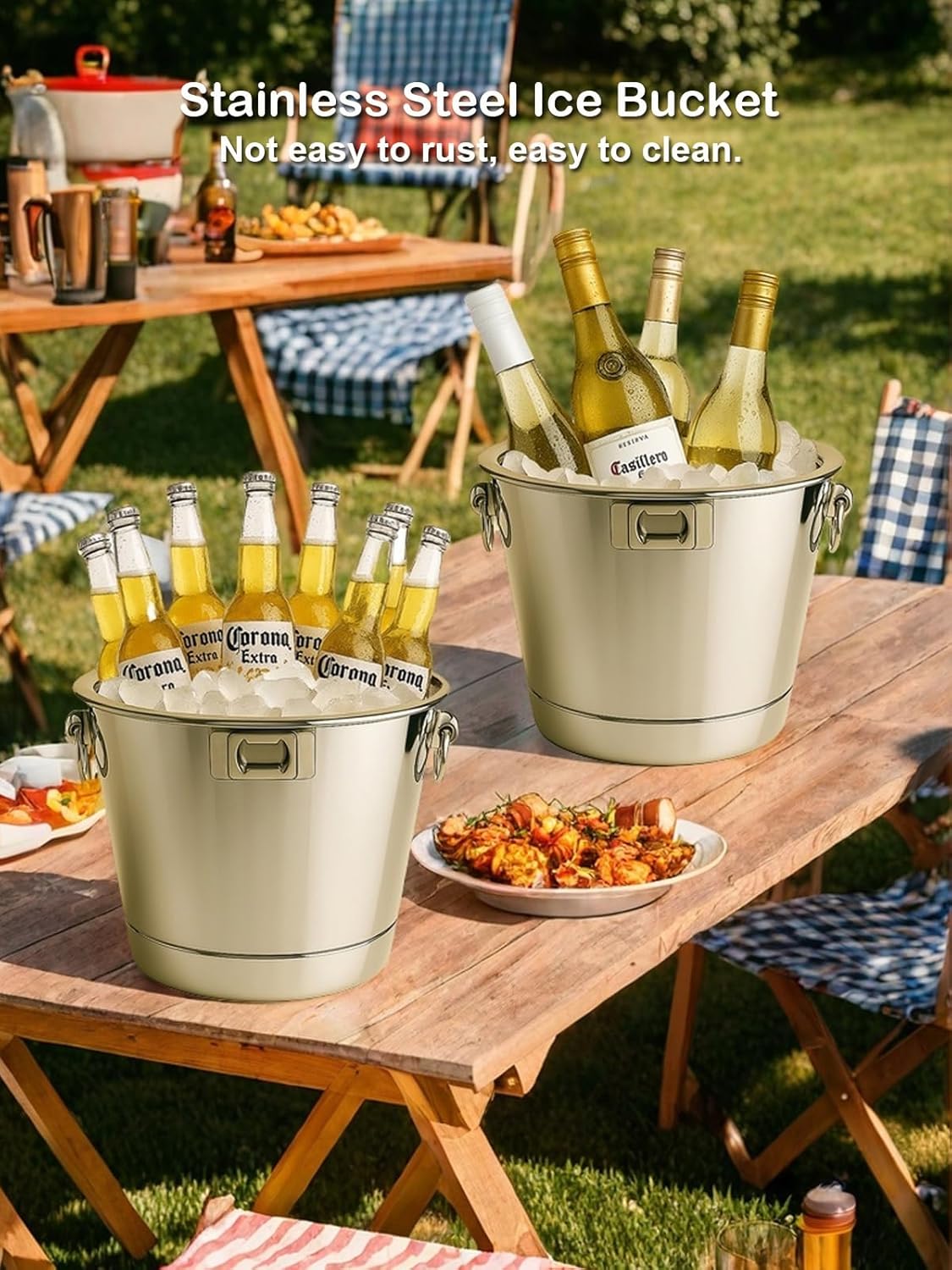 Silver 6L/6.34 Quart Ice Bucket 2Pack with Beer Opener for Party, Mimosa Bar Supplies. Stainless-Steel Beverage Tubs for Champagne Wine Cocktails, Metal Drink Cooler Holder Double Handles