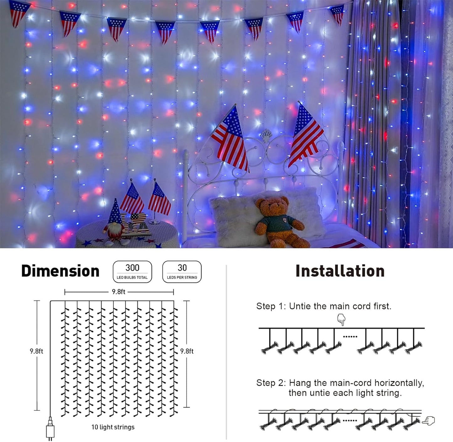 JMEXSUSS 300LED Red White and Blue Lights with Remote, 4th of July Lights Plug in, Patriots Curtain Hanging String Lights for Bedroom Wall Window Backdrop Indoor Outdoor 4th of July Decor, 9.8x9.8ft