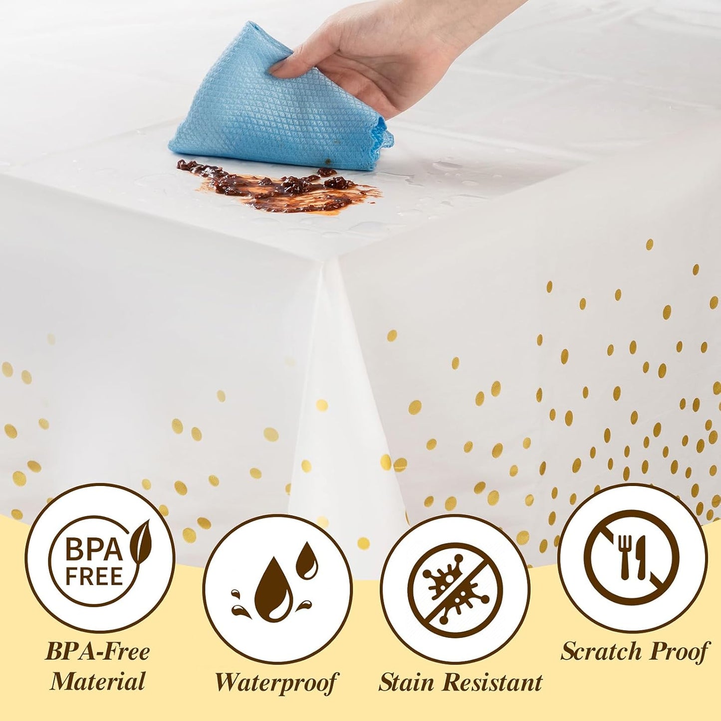 Goodluck 352-Piece Clear Plastic Dinnerware Set for 50 Guests, Includes: 100 Clear Square Plates with Gold Trim, 50 Rolled Napkins, 50 Cups, 50 Cutlery Set and 2 Tablecloths