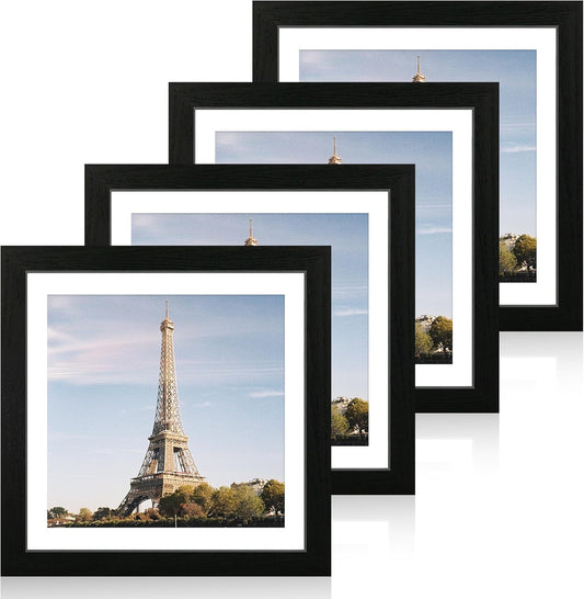 12x12 Picture Frame Set of 4 with Tempered Glass, Black Frame Display 10x10 Picture with Mat or 12 x 12 Without Mat, Wood Square Photo Frames for Desktop Display and Wall Mounting