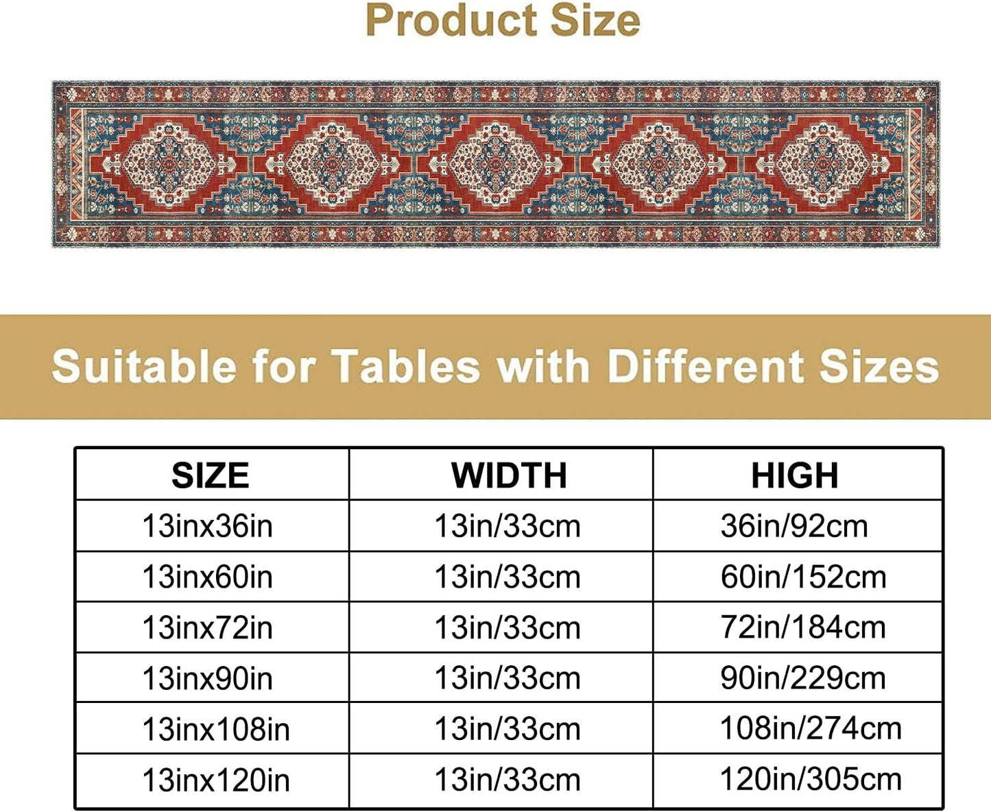 Boho Floral Vintage Table Runner, Red Blue Retro Flower Rustic Country Farmhouse Pattern for Home Kitchen Table Decor Dining Coffee Room Party Decor 13x60in