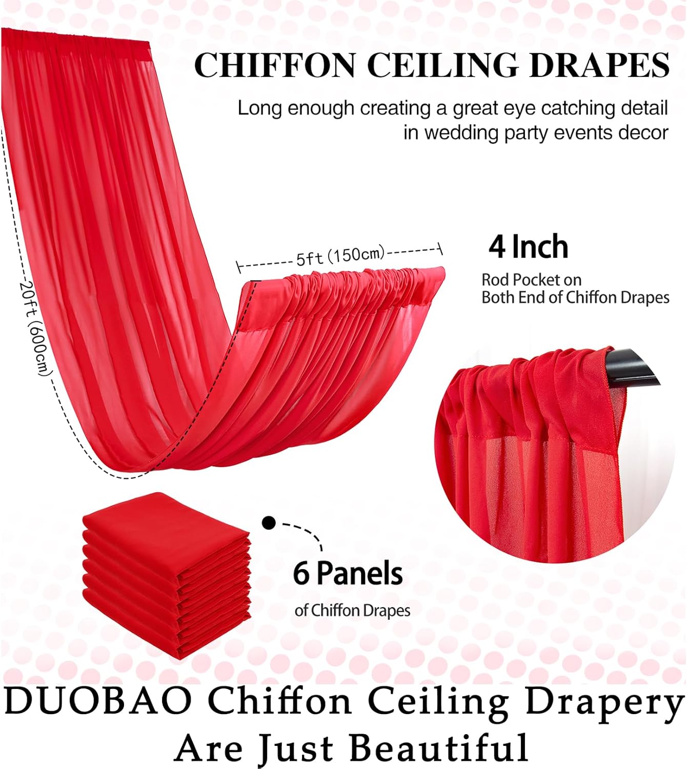 DUOBAO Chiffon Ceiling Drapes 20ft Red Wedding Backdrops Sheer Backdrop Curtains for Reception Wedding Ceremony Dark Red Sheer Arch Drapes Fabric Event Party Supplies 6 Panels 5×20ft