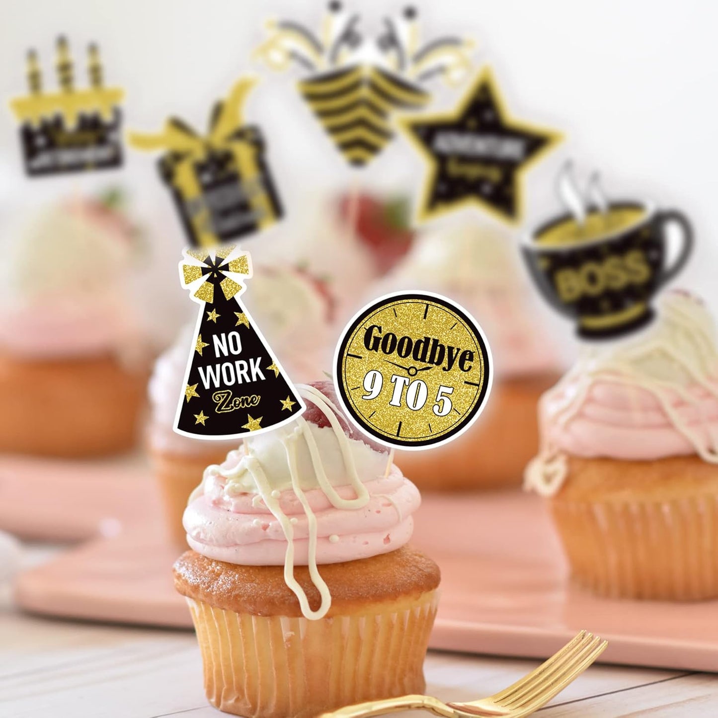 36 Pcs Happy Retirement Cupcake Toppers - NO DIY - Retired Cupcake Picks Retirement Theme Party Cake Decorations Gold Glitter