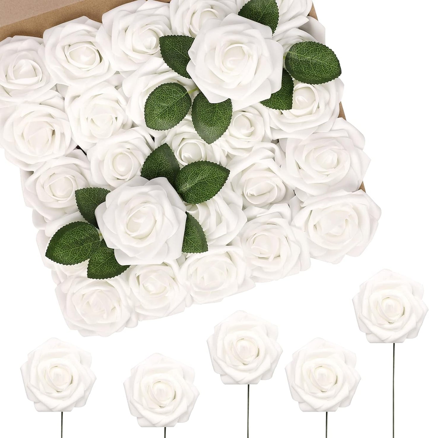 N&T NIETING Artificial Flowers 50pcs Real Touch White Flowers Artificial Roses for Decoration for DIY Wedding Bouquets Bridal Centerpieces Floral Shower Party Tables Home Arrangement
