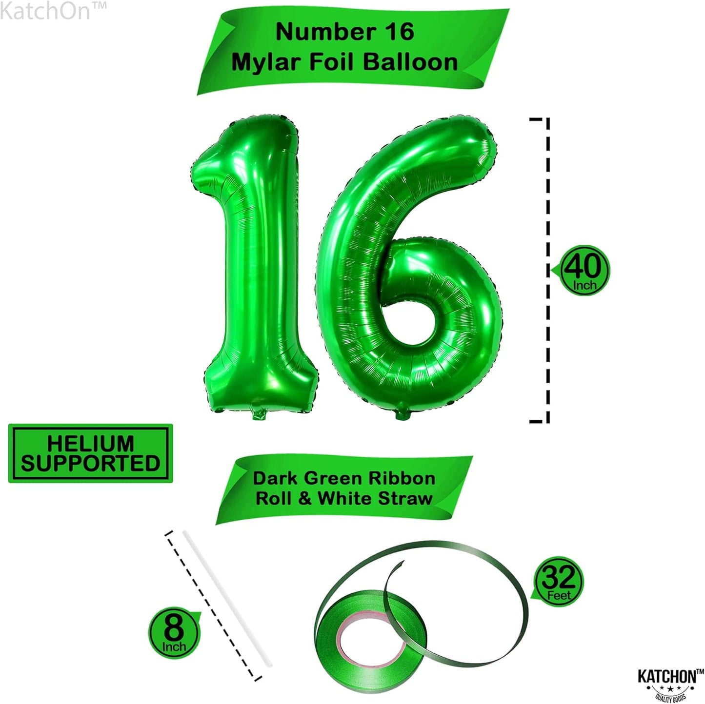 KatchOn, Dark Green 16 Balloons Number - 40 Inch | Green Number 16 Balloons for 16th Birthday Decorations for Girls | Birthday balloons for 16th Birthday Decorations for Boys