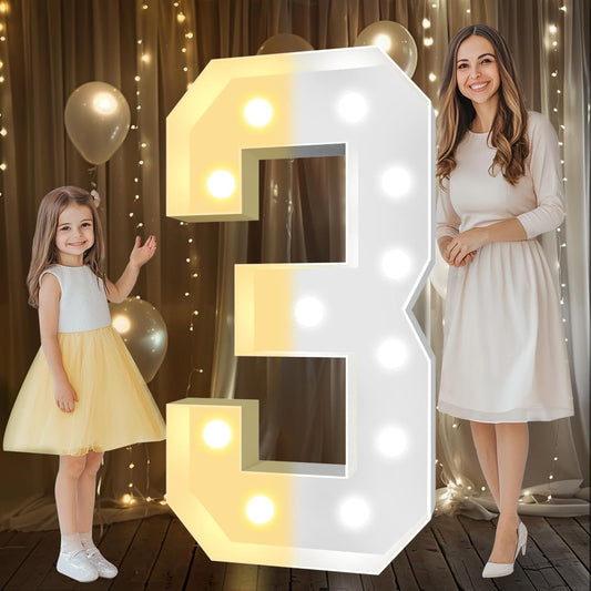 Pooqla 4 FT Light Up Marquee Numbers, Cool White and Warm White LED Large Lighted Marquee Numbers, Giant Mosaic Light Up Numbers for Balloons 3rd 13th 30th Birthday Party Decoration, LED Number 3