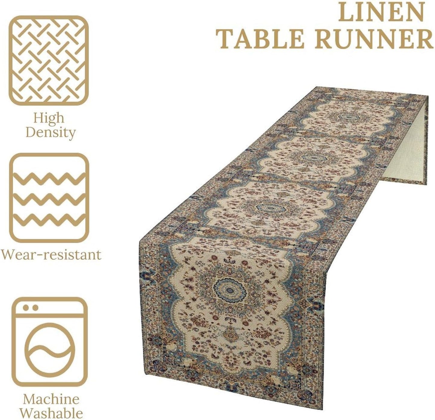 Boho Bohemia Style Table Runner, Vintage Blue Teal Gold Retro Flower Rustic Country Style Floral Print Pattern for Home Kitchen Table Decor Dining Coffee Room Garden Party Decor 13x72in
