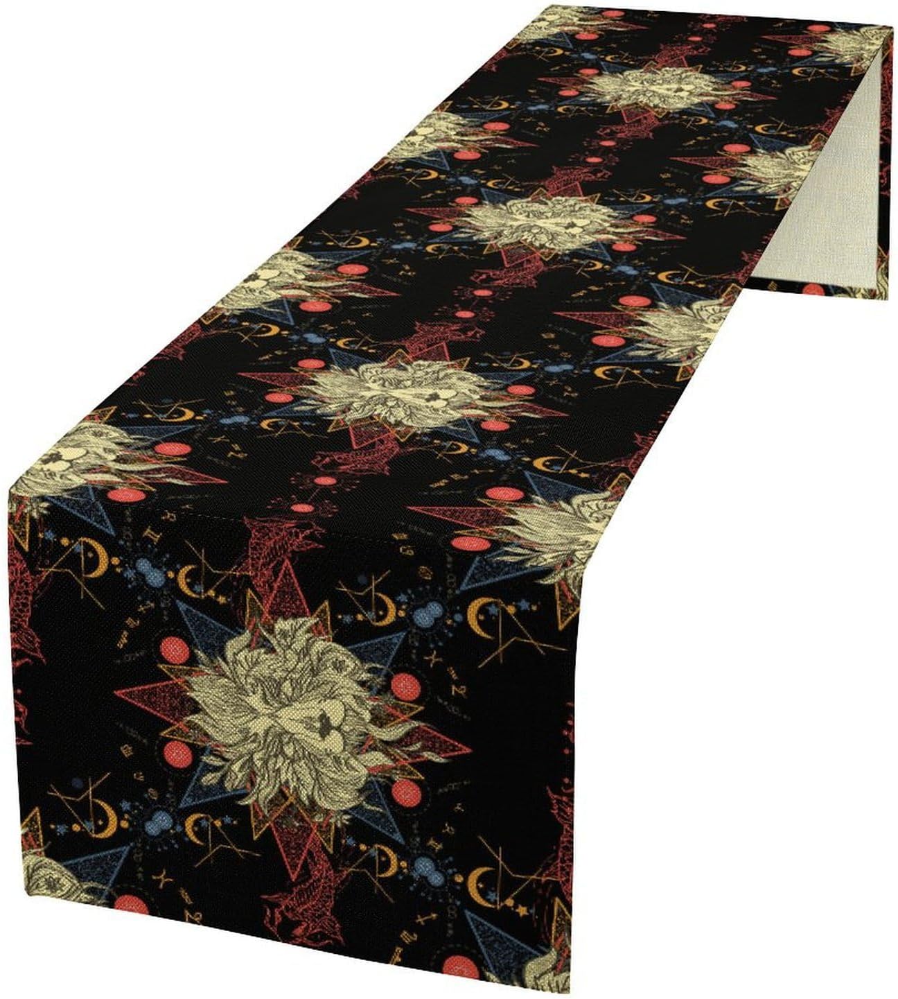 Boho Moon Lion Table Runner, Chinese Fish Phase of The Moon Sun Moon Table Runner for Kitchen Dining Table Home Party,13x60 Inch Black Red